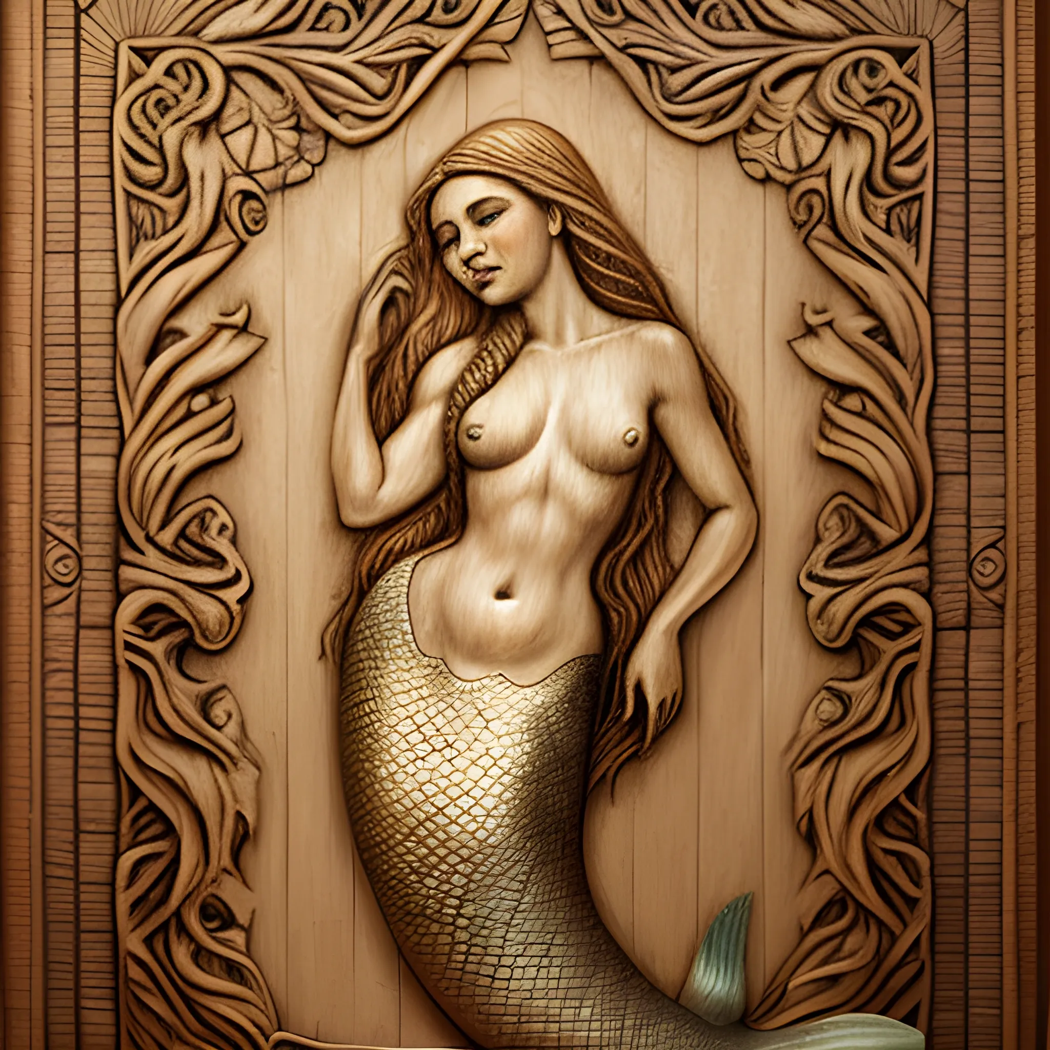 mermaid in carved wooden backdrop panel, Oil Painting, Pencil Sketch