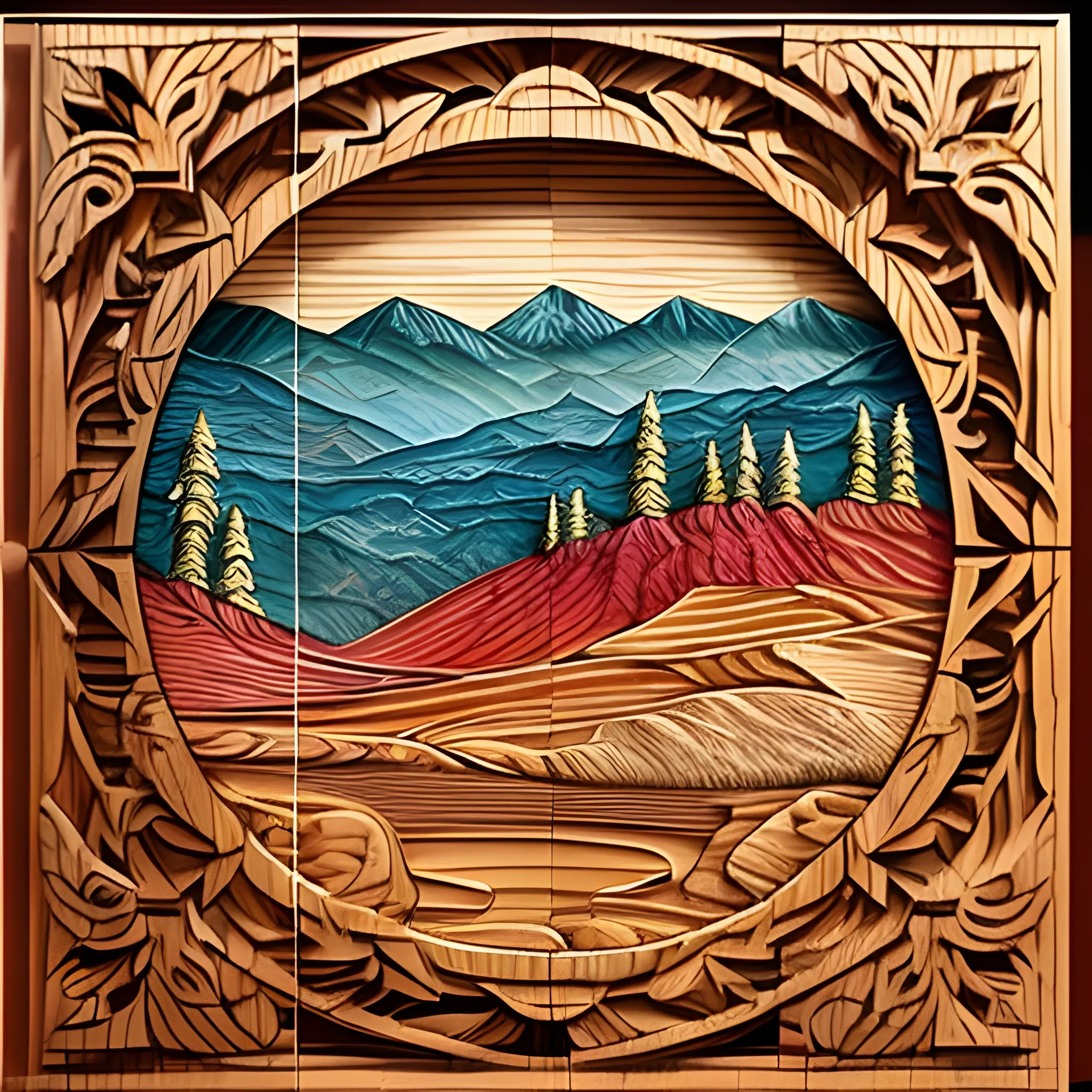 colored landscape in carved wooden backdrop panel