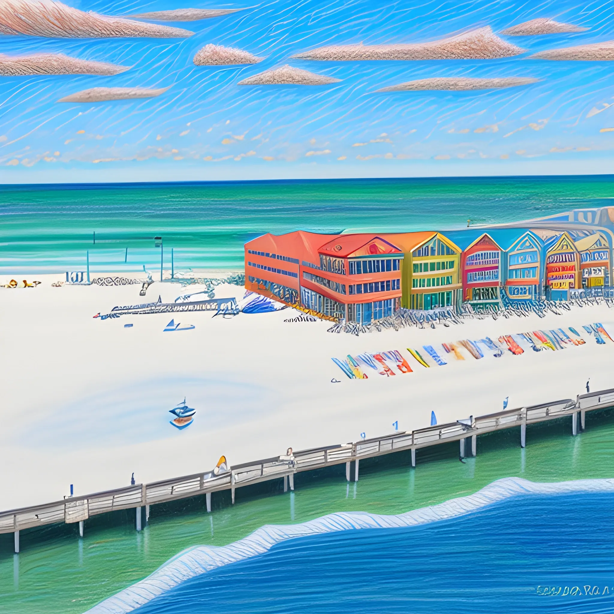  Colored pencil art on paper, highly detailed, artstation, PrismaColor, Pencil Sketch 
, Cartoon, Oil Painting Pensacola beach, Cartoon