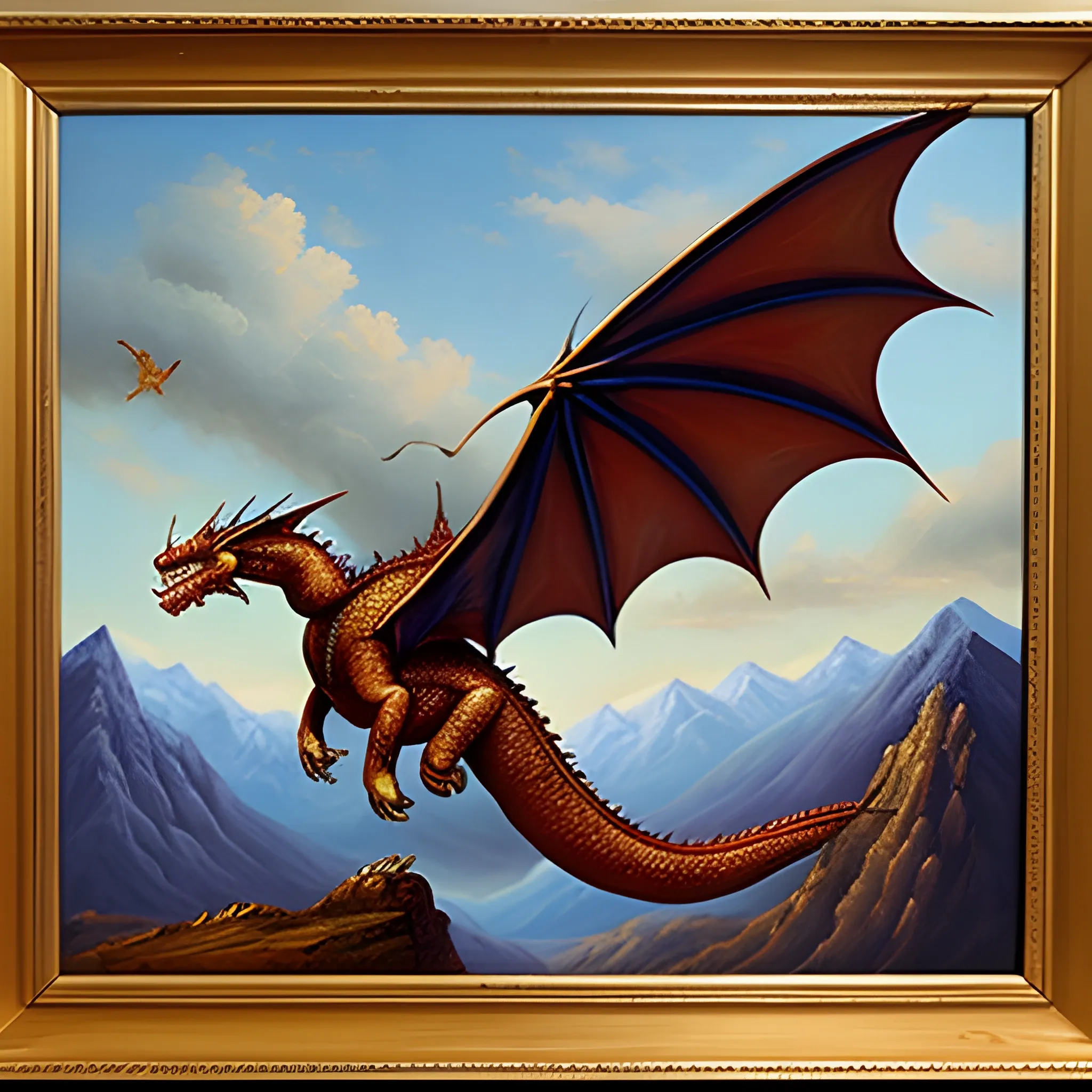 , Oil Painting A dragon flying beetwen the mountains
