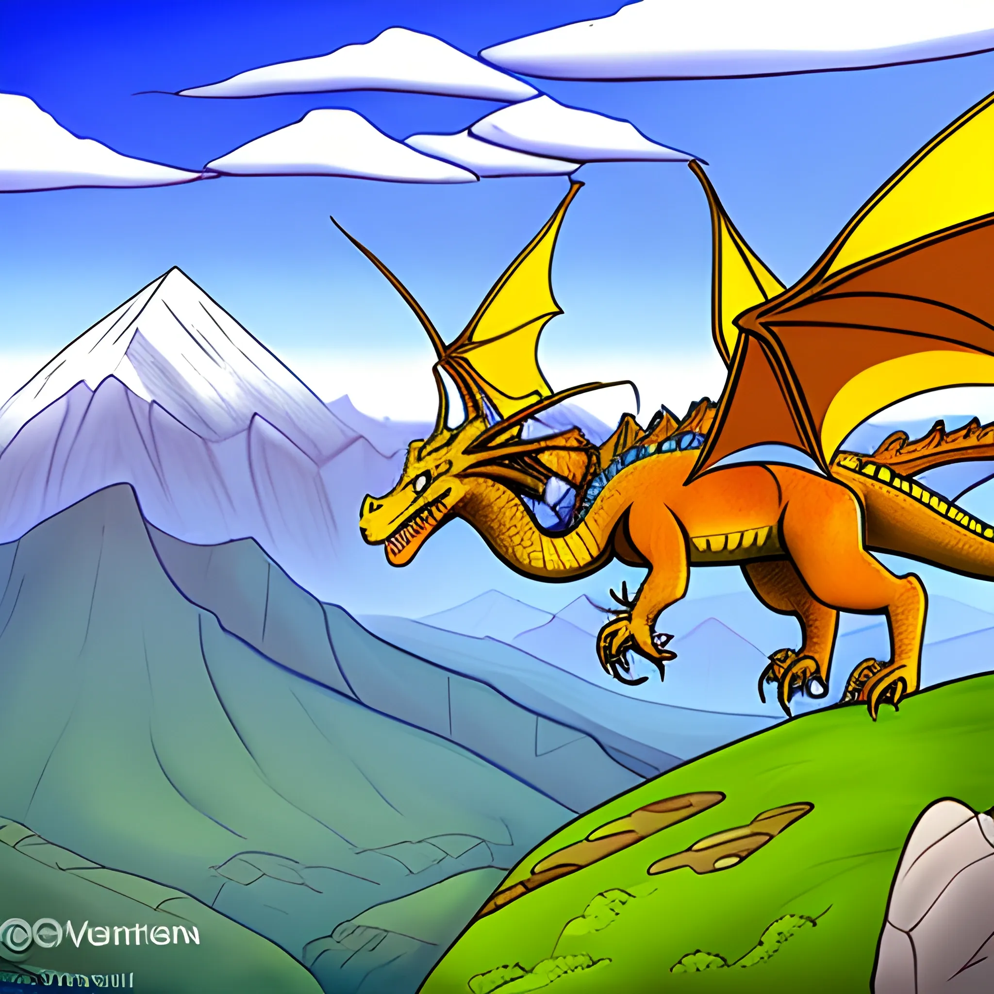 A dragon flying beetwen the mountains
, Cartoon