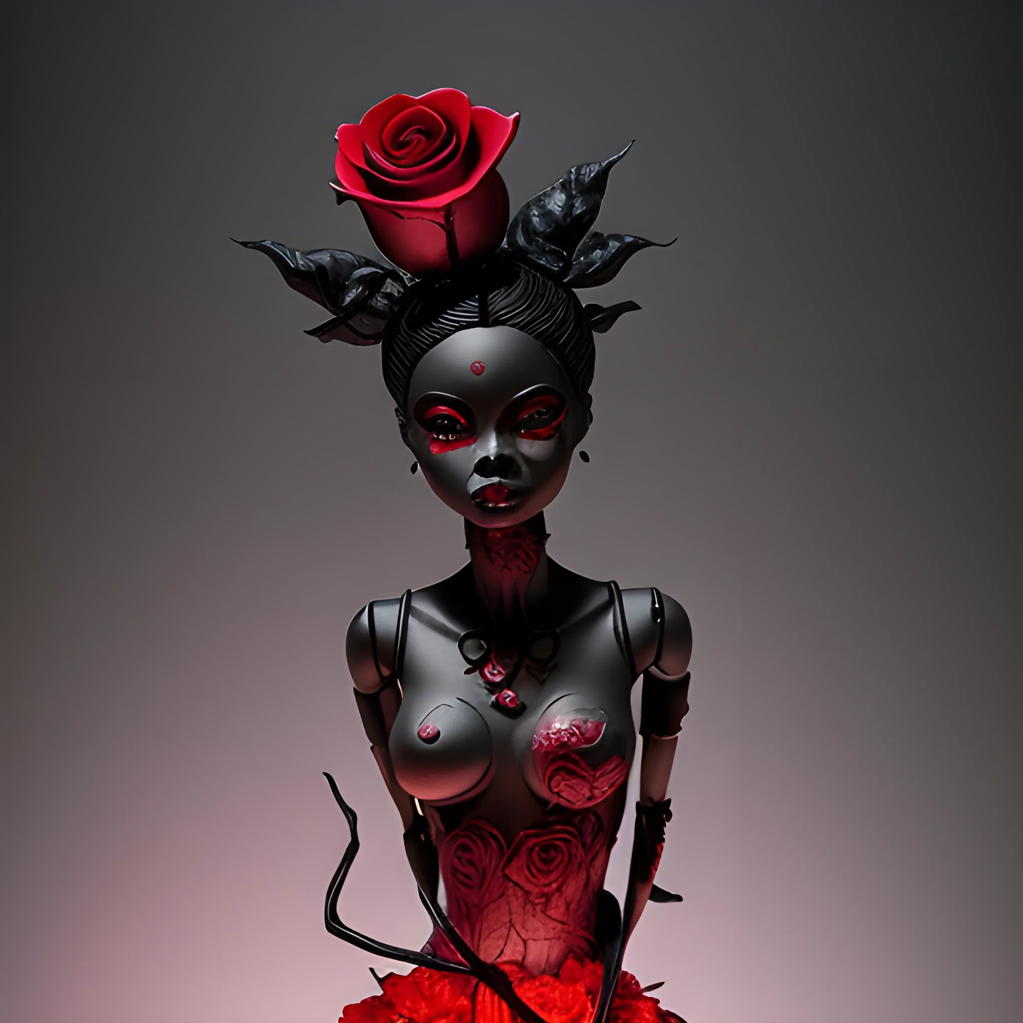 he blood-thirsty red rose blooms ominously over black barbie , Detailed and Intricate, Fantasy, Realistic, Surrealist, Dramatic, Beautiful Lighting, Evil, Fear, Horrifying, Cartoon