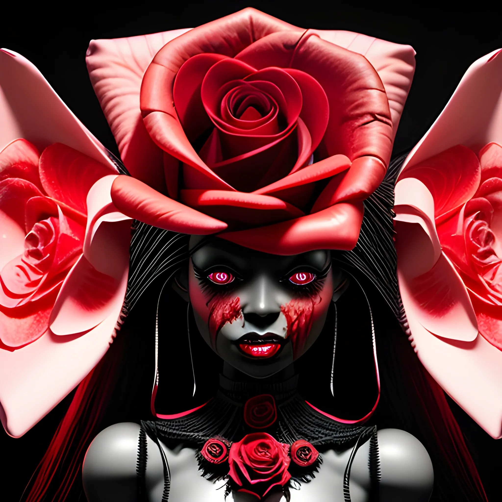 he blood-thirsty red rose blooms ominously over black barbie , Detailed and Intricate, Fantasy, Realistic, Surrealist, Dramatic, Beautiful Lighting, Evil, Fear, Horrifying, Cartoon