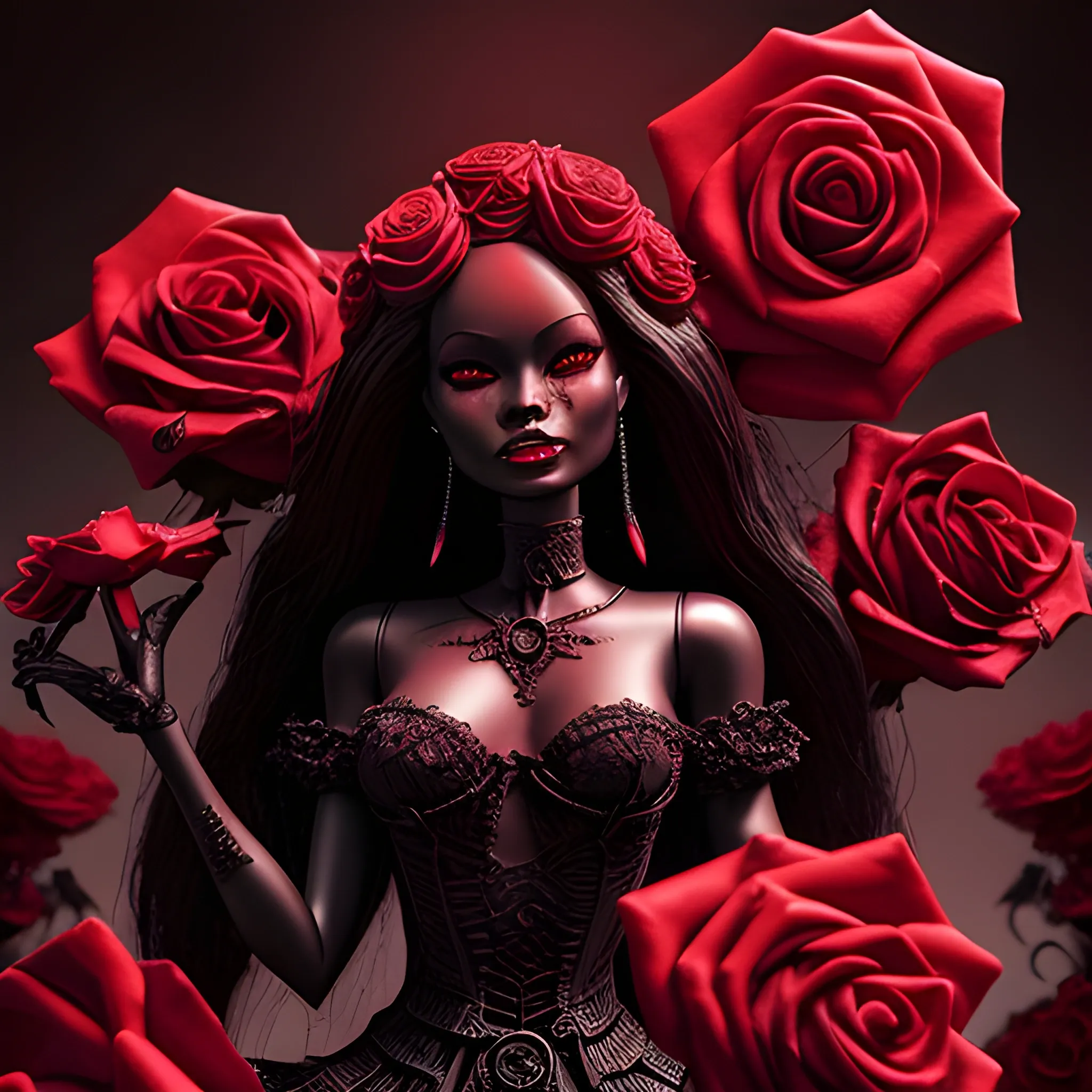 he blood-thirsty red rose blooms ominously over black barbie , Detailed and Intricate, Fantasy, Realistic, Surrealist, Dramatic, Beautiful Lighting, Evil, Fear, Horrifying, Cartoon
