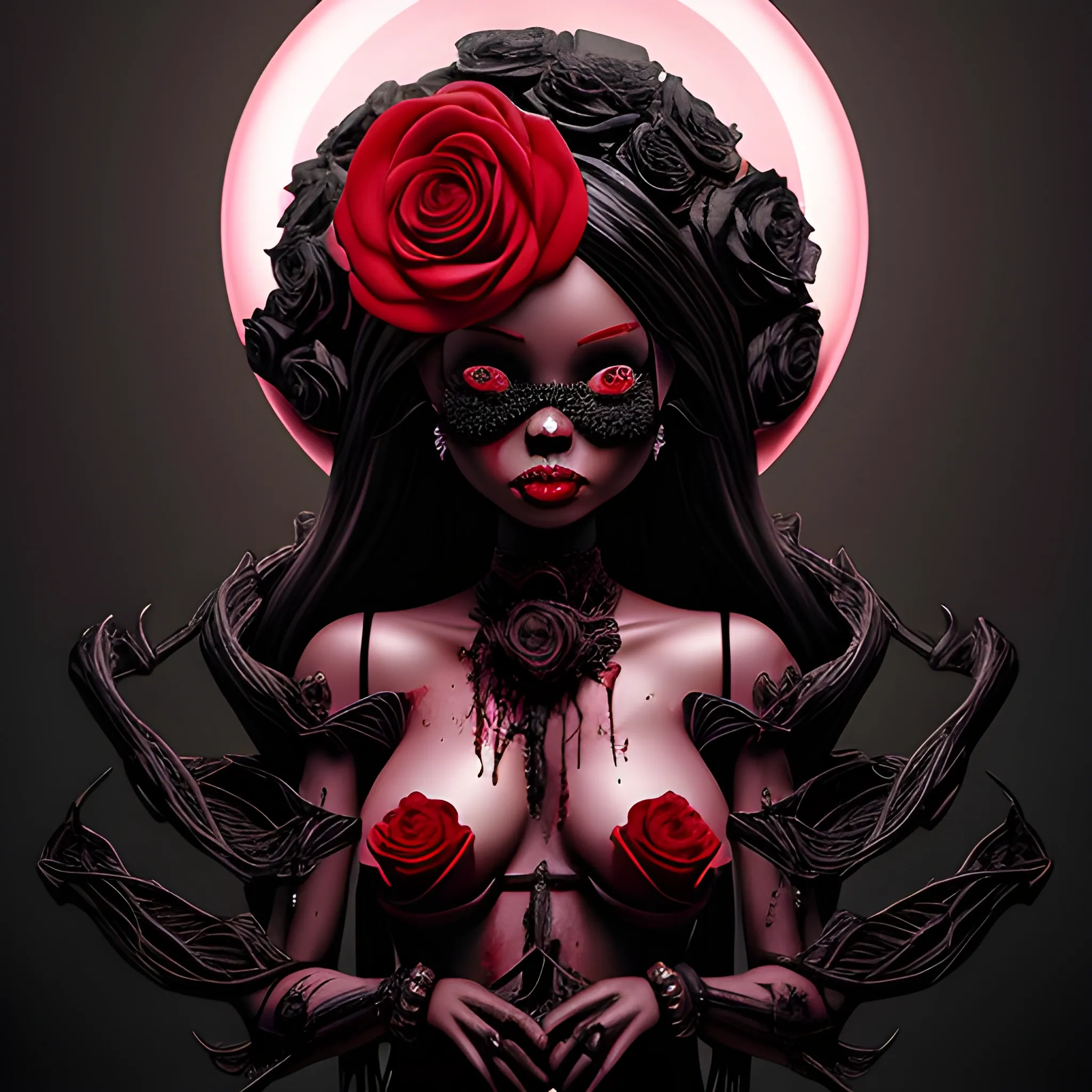 he blood-thirsty red rose blooms ominously over black barbie , Detailed and Intricate, Fantasy, Realistic, Surrealist, Dramatic, Beautiful Lighting, Evil, Fear, Horrifying, Cartoon
