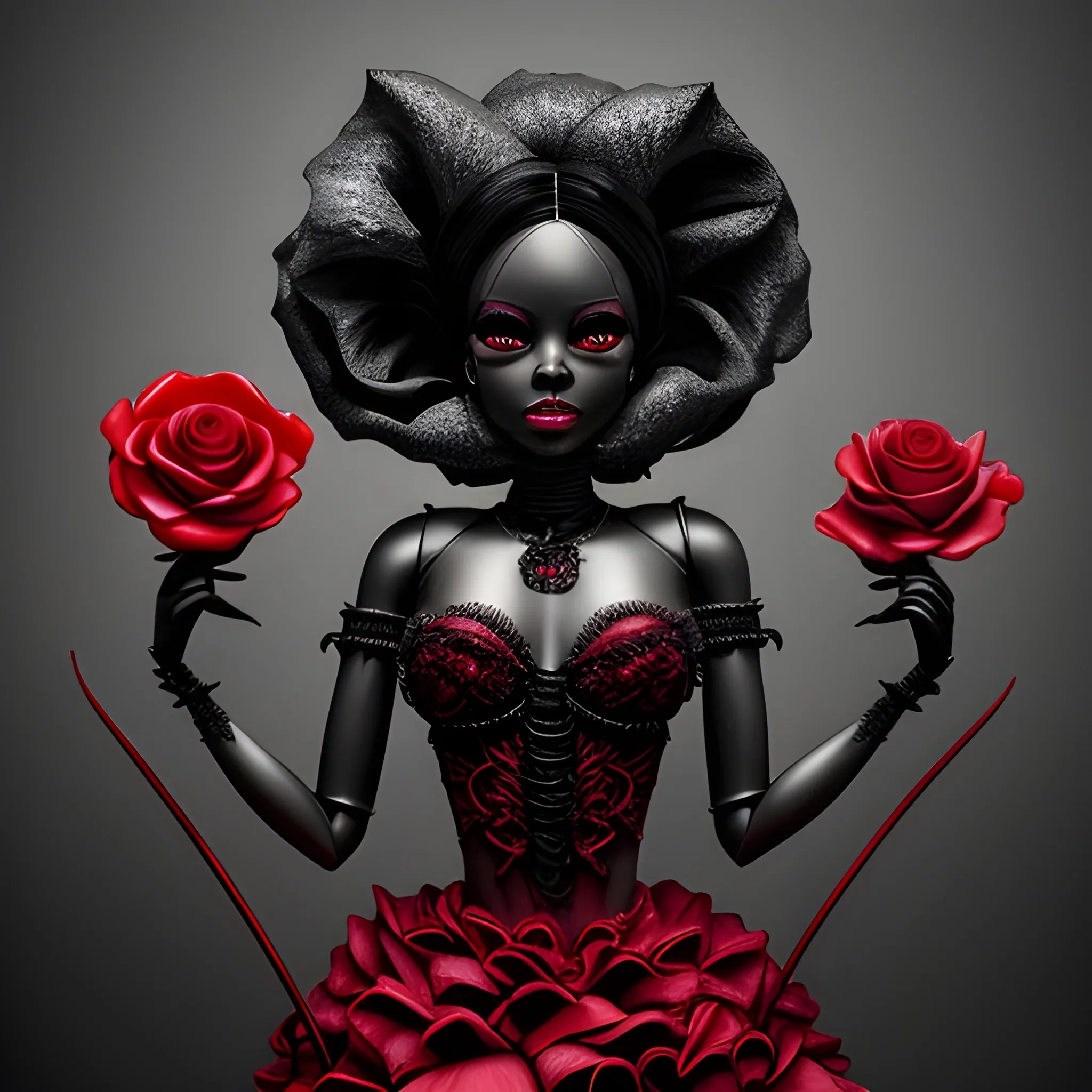 he blood-thirsty red rose blooms ominously over black barbie , Detailed and Intricate, Fantasy, Realistic, Surrealist, Dramatic, Beautiful Lighting, Evil, Fear, sad Cartoon
