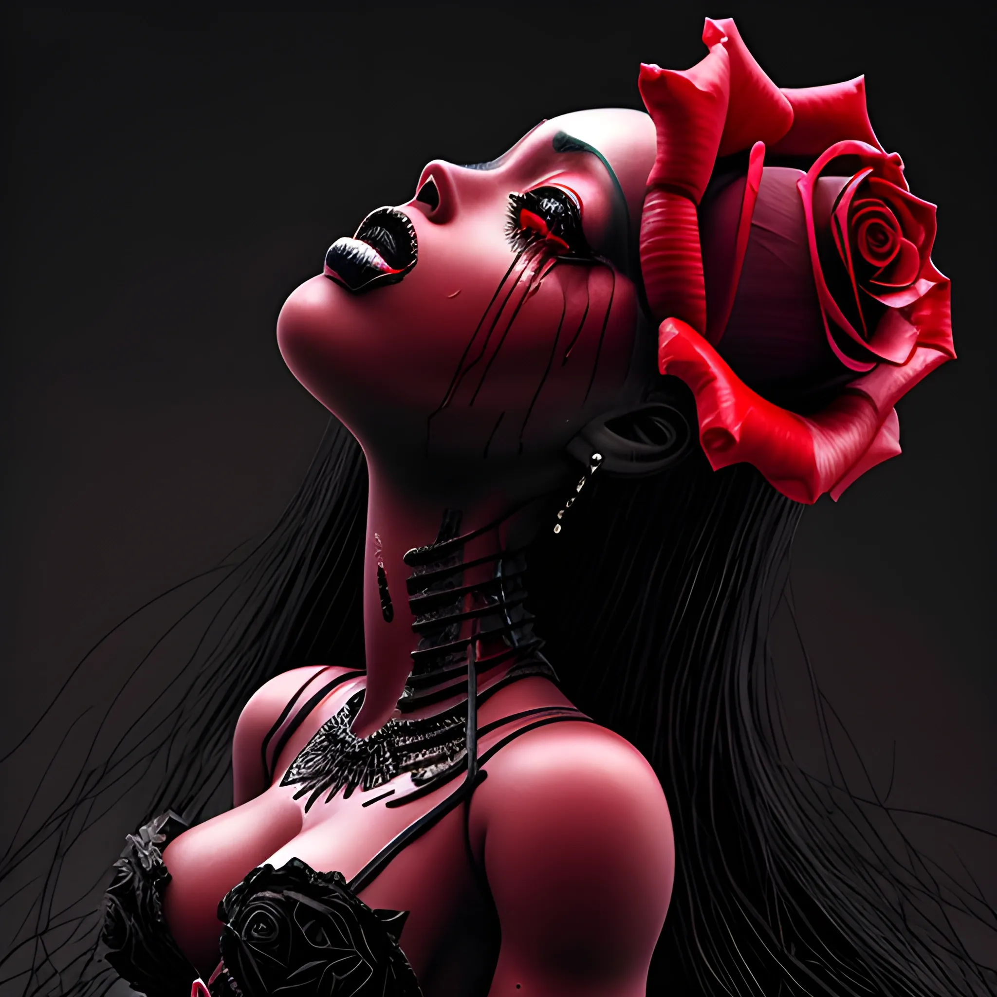 he blood-thirsty red rose blooms ominously over black barbie crying , Detailed and Intricate, Fantasy, Realistic, Surrealist, Dramatic, Beautiful Lighting, Evil, Fear, Cartoon
