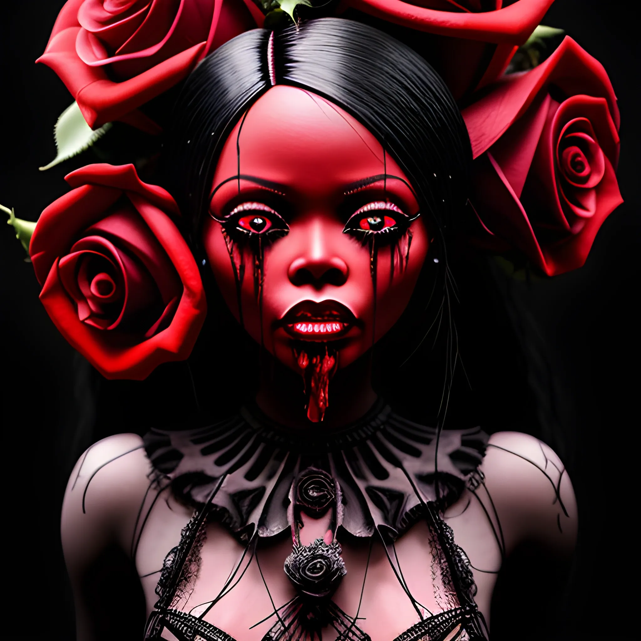 he blood-thirsty red rose blooms ominously over black barbie crying , Detailed and Intricate, Fantasy, Realistic, Surrealist, Dramatic, Beautiful Lighting, Evil, Fear, Cartoon
, Trippy