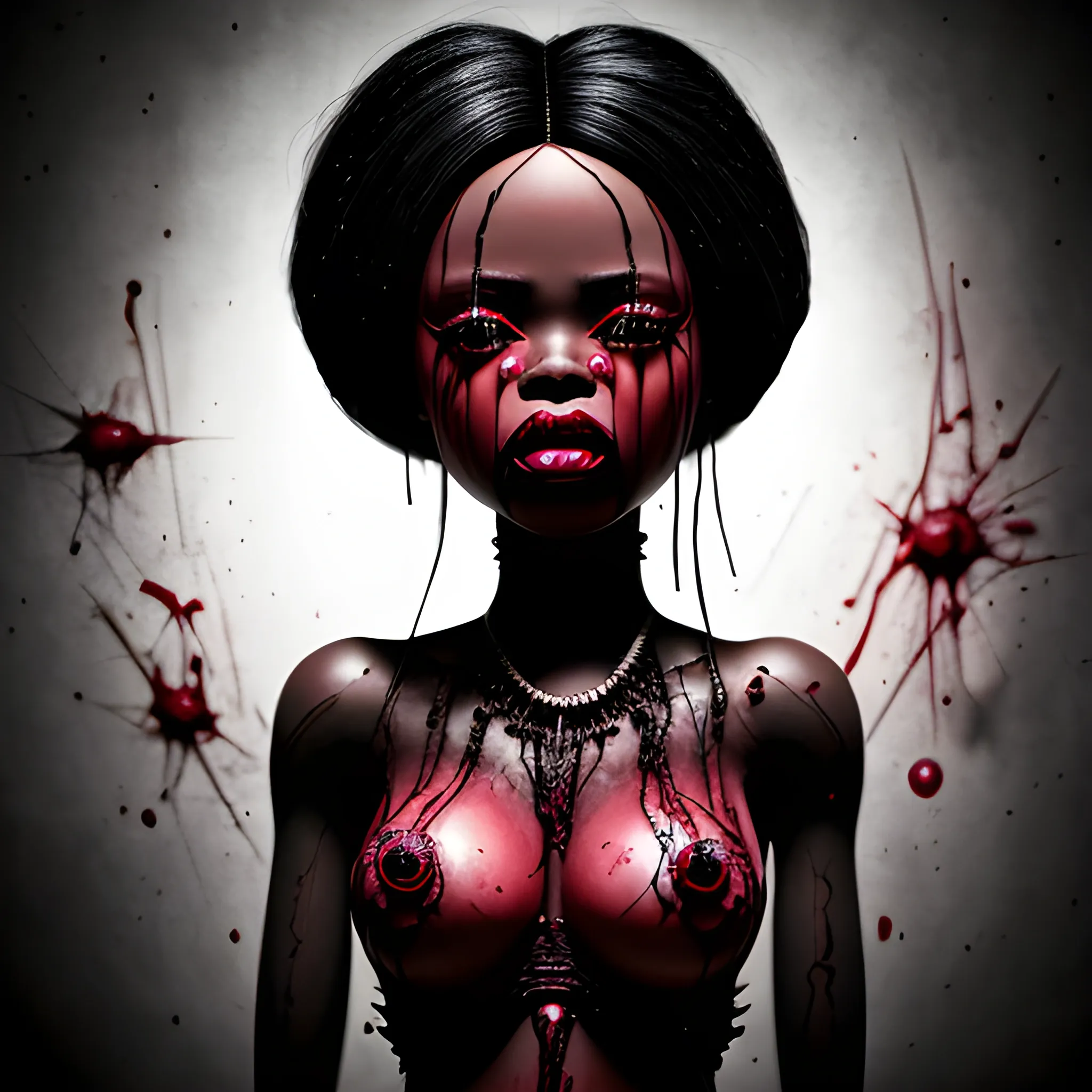  blood-thirsty ominously over black barbie crying , Detailed and Intricate, Fantasy, Realistic, Surrealist, Dramatic, Beautiful Lighting, Evil, Fear, Cartoon
