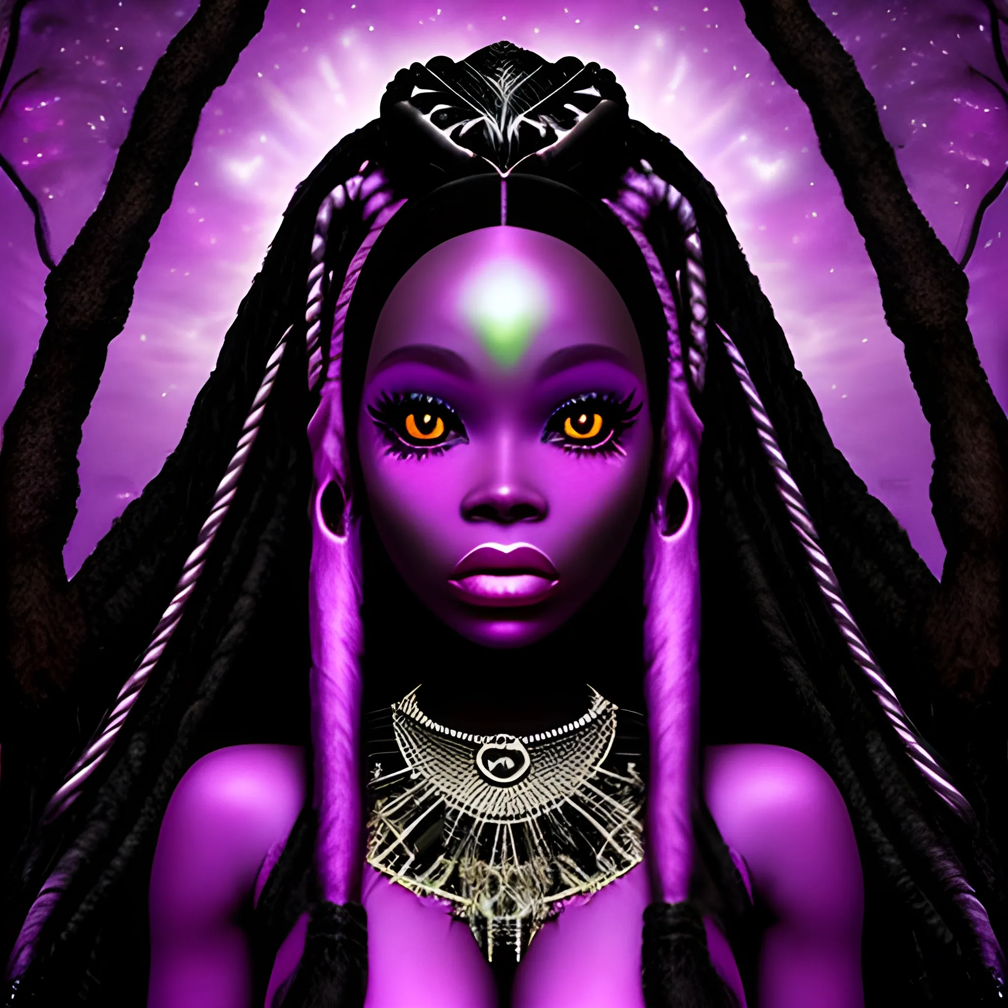 dark, trippy, fantasy, spiritual, universe, monstrous, black barbie, human, unreal,