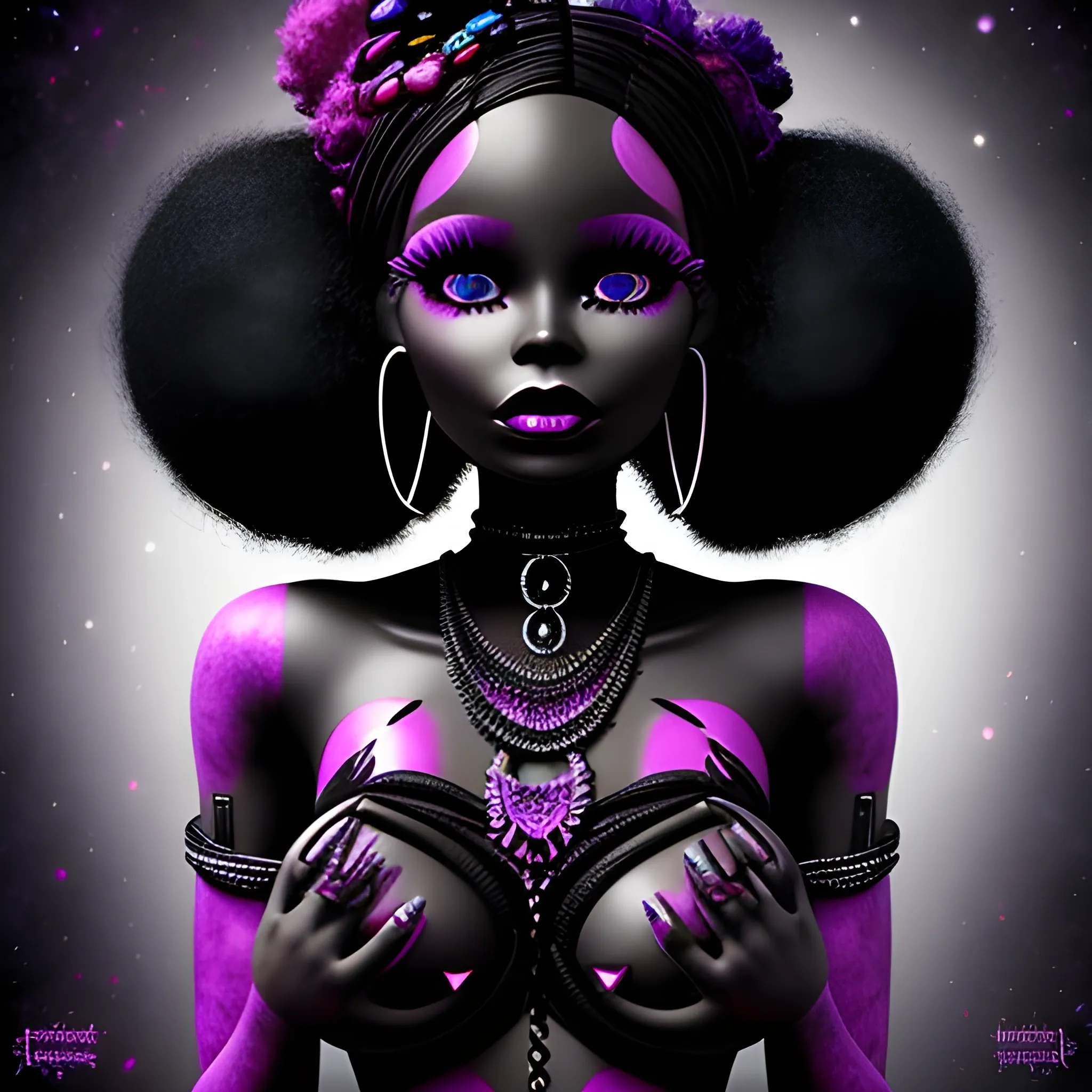 dark, trippy, fantasy, spiritual, universe, monstrous, black barbie, human, unreal,