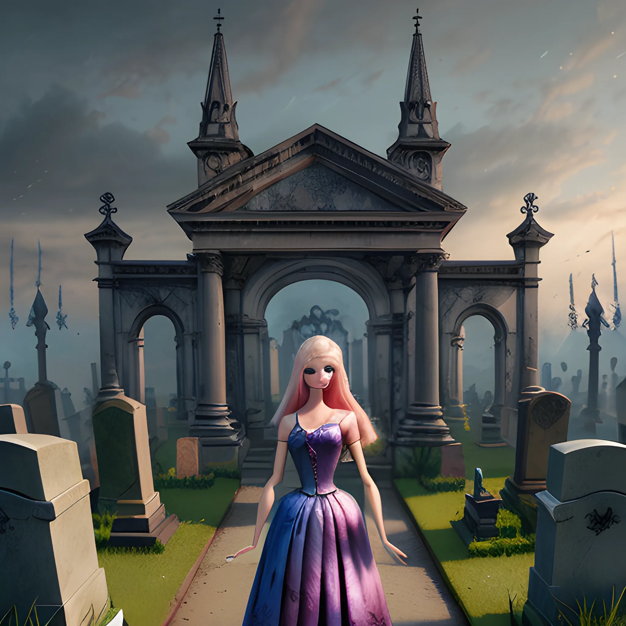 Barbie doll, weak zombie, fantasy, cemetery in the background8k, high resolution, high quality, photorealistic, hyperrealistic, detailed, detailed matte painting, deep color, fantastical, intricate detail, splash screen, complementary colors, fantasy concept art, 8k resolution trending on Artstation Unreal Engine