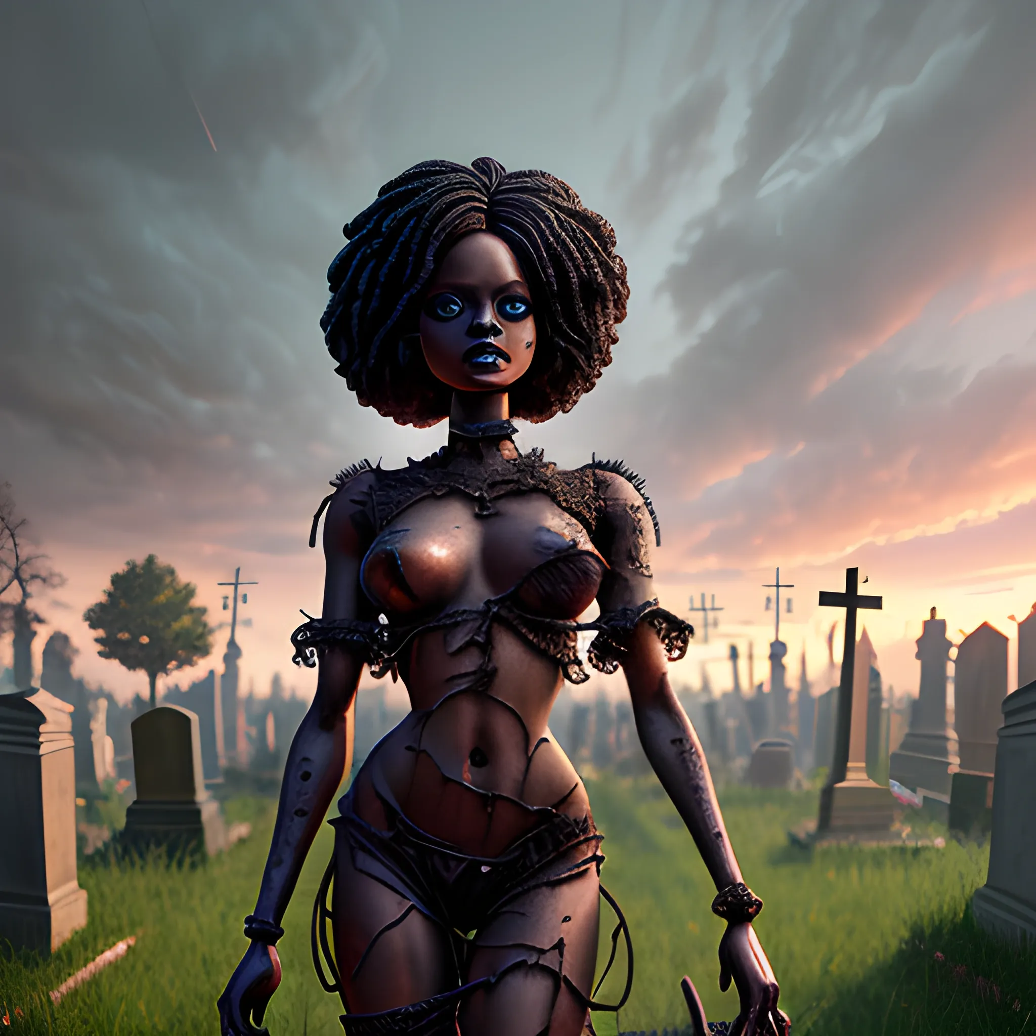 black Barbie doll, weak zombie, fantasy, cemetery in the background8k, high resolution, high quality, photorealistic, hyperrealistic, detailed, detailed matte painting, deep color, fantastical, intricate detail, splash screen, complementary colors, fantasy concept art, 8k resolution trending on Artstation Unreal Engine