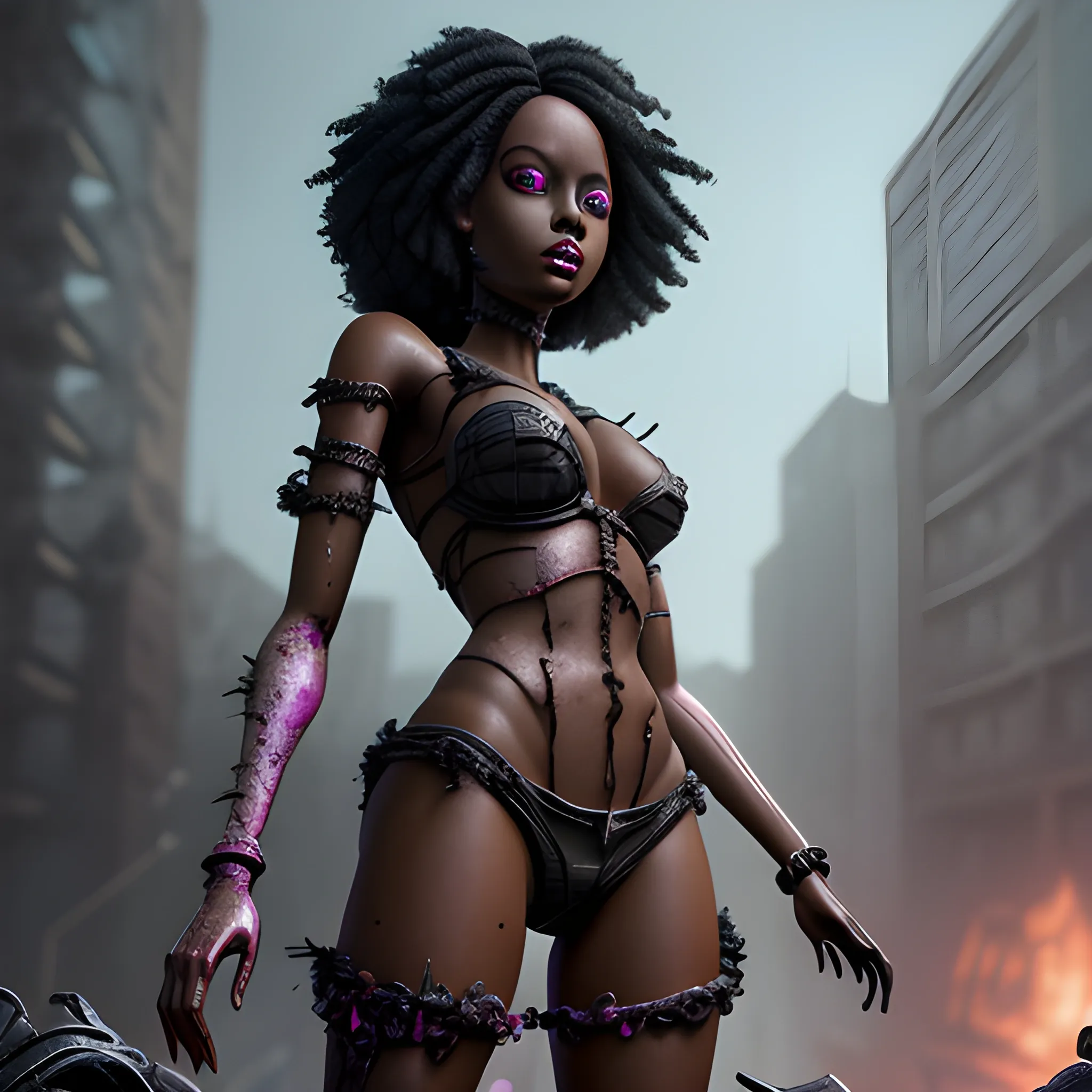 black Barbie doll, weak zombie, fantasy, broken heart in the background8k, high resolution, high quality, photorealistic, hyperrealistic, detailed, detailed matte painting, deep color, fantastical, intricate detail, splash screen, complementary colors, fantasy concept art, 8k resolution trending on Artstation Unreal Engine