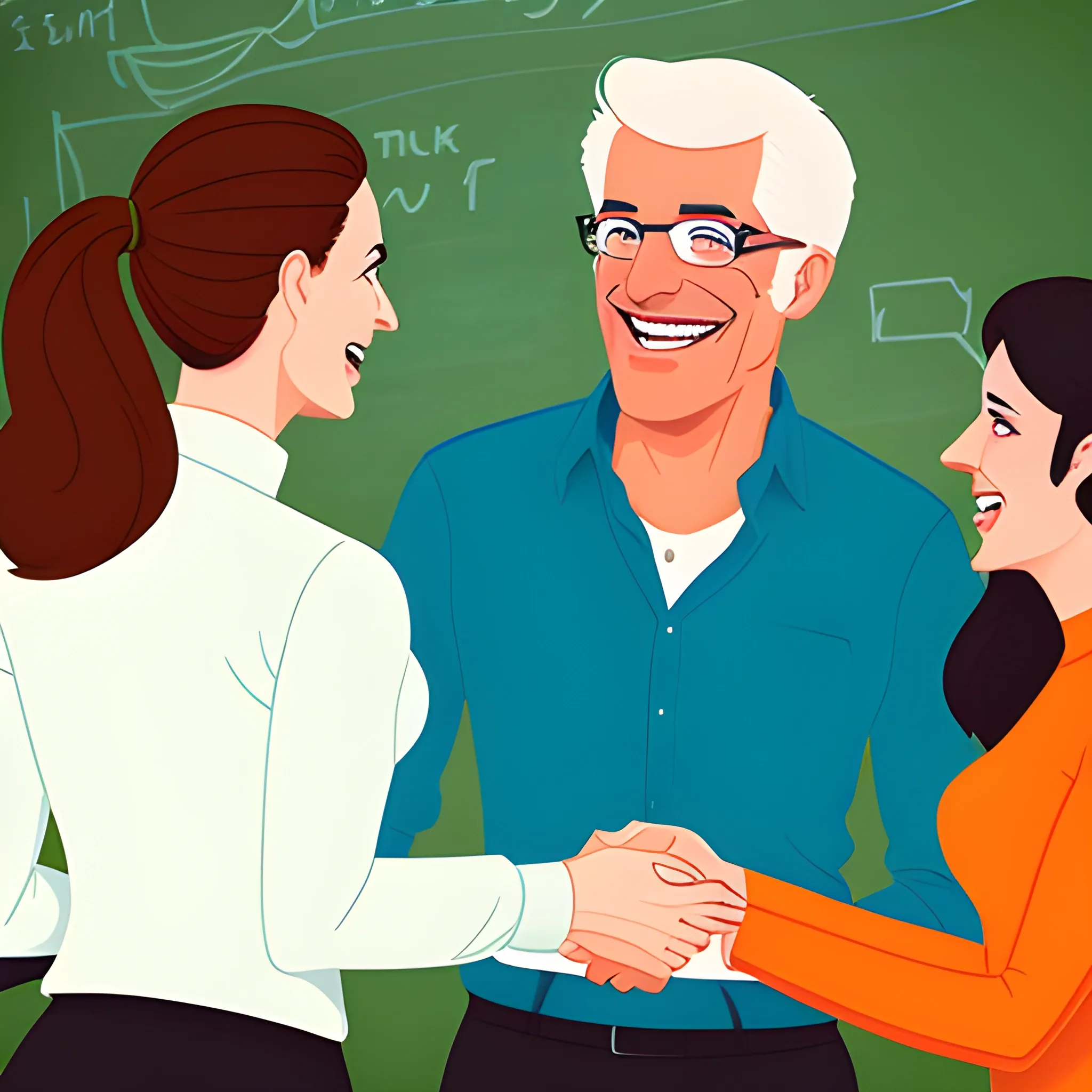 Smiling teacher interacting with students in a classroom setting, showcasing enthusiasm and engagement., Cartoon