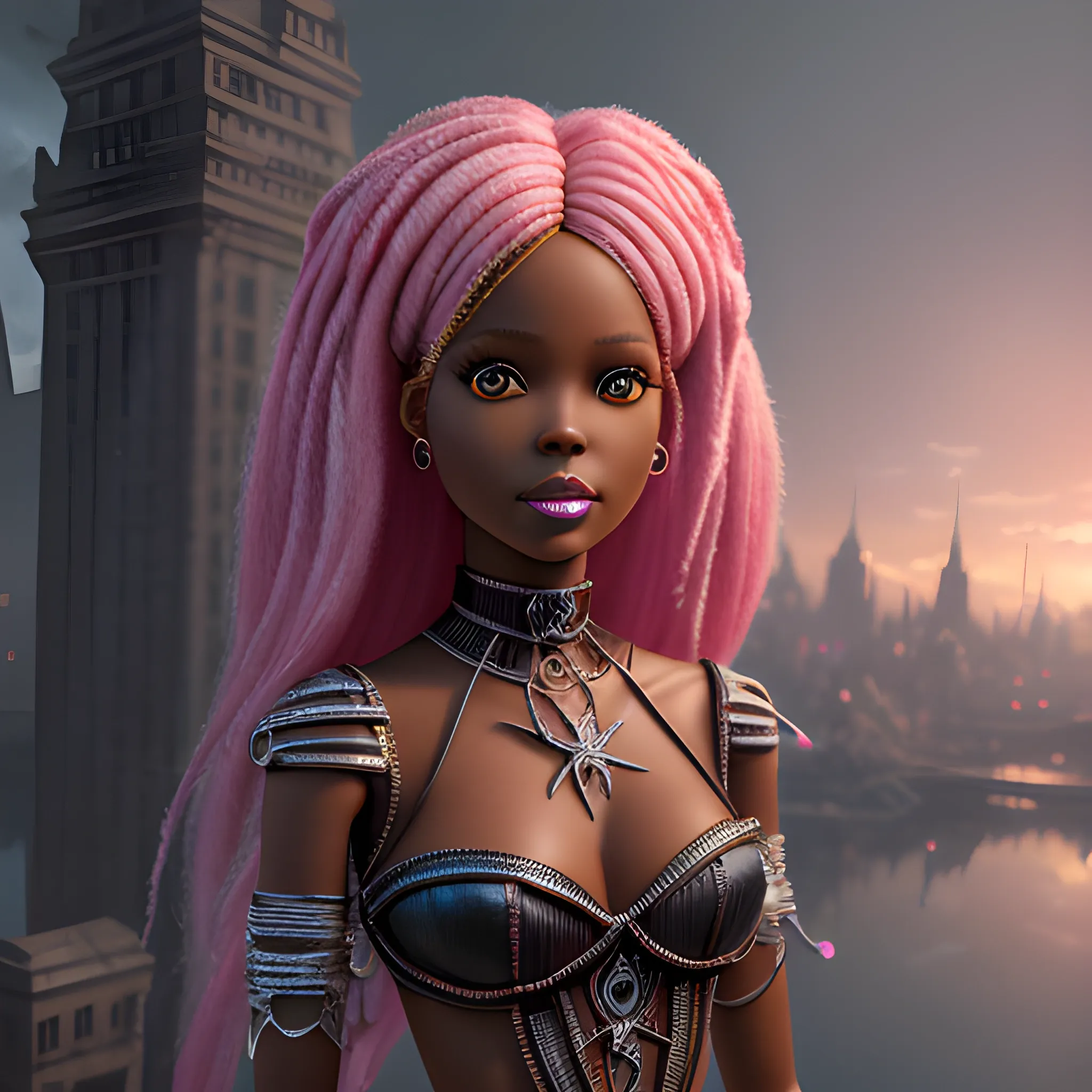 black Barbie doll, fantasy, broken heart in the background8k, high resolution, high quality, photorealistic, hyperrealistic, detailed, detailed matte painting, deep color, fantastical, intricate detail, splash screen, complementary colors, fantasy concept art, 8k resolution trending on Artstation Unreal Engine