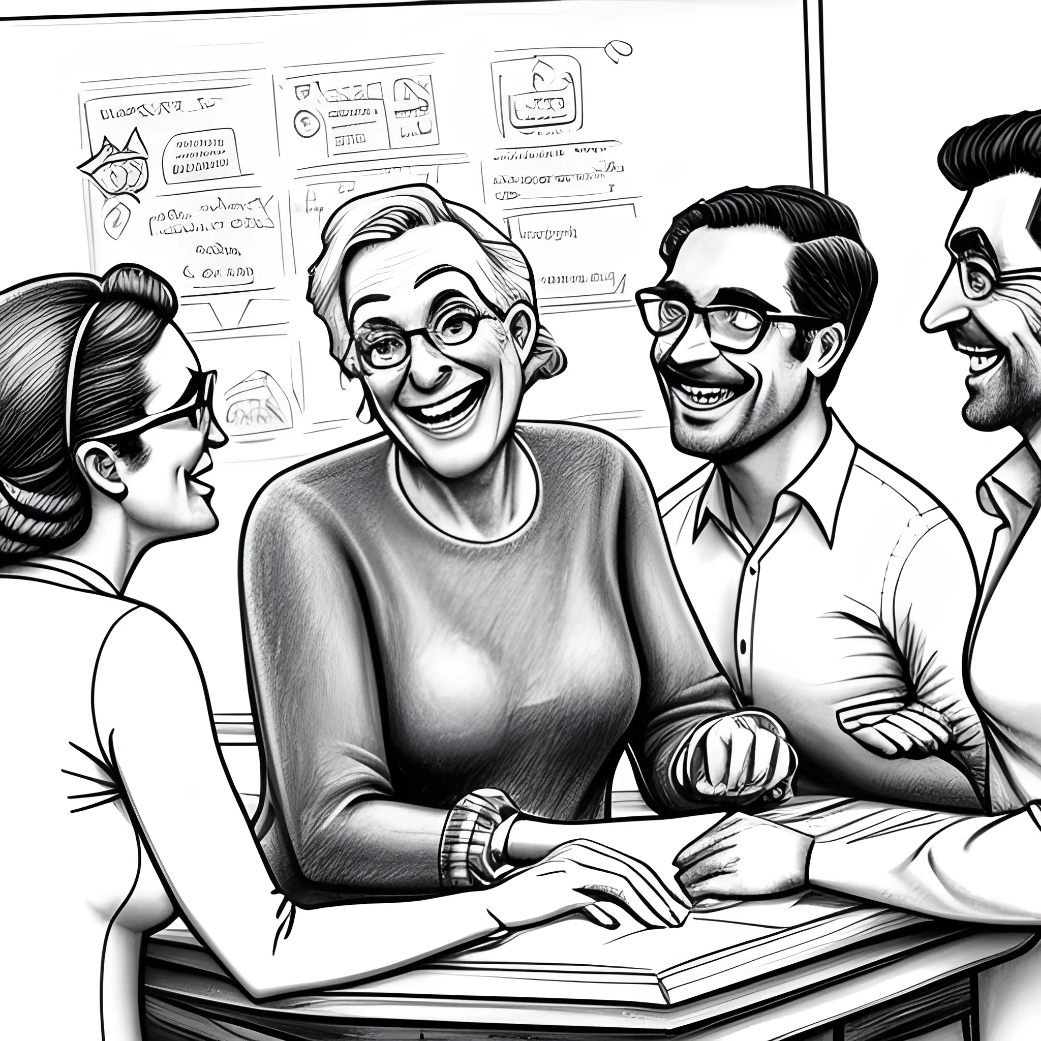 Smiling teacher interacting with students in a classroom setting, showcasing enthusiasm and engagement., Cartoon, Pencil Sketch