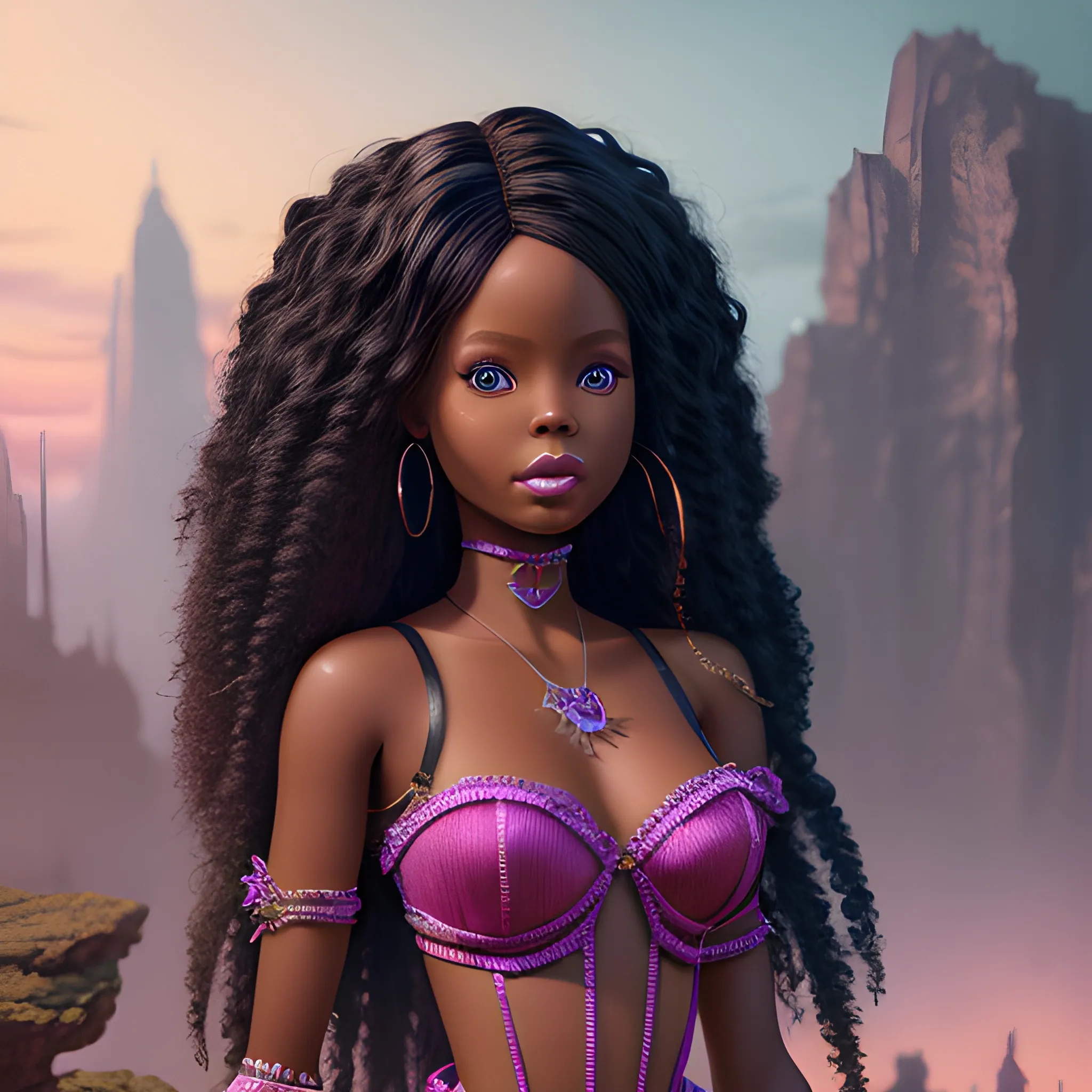 black Barbie doll, fantasy, broken heart in the background8k, high resolution, high quality, photorealistic, hyperrealistic, detailed, detailed matte painting, deep color, fantastical, intricate detail, splash screen, complementary colors, fantasy concept art, 8k resolution trending on Artstation Unreal Engine