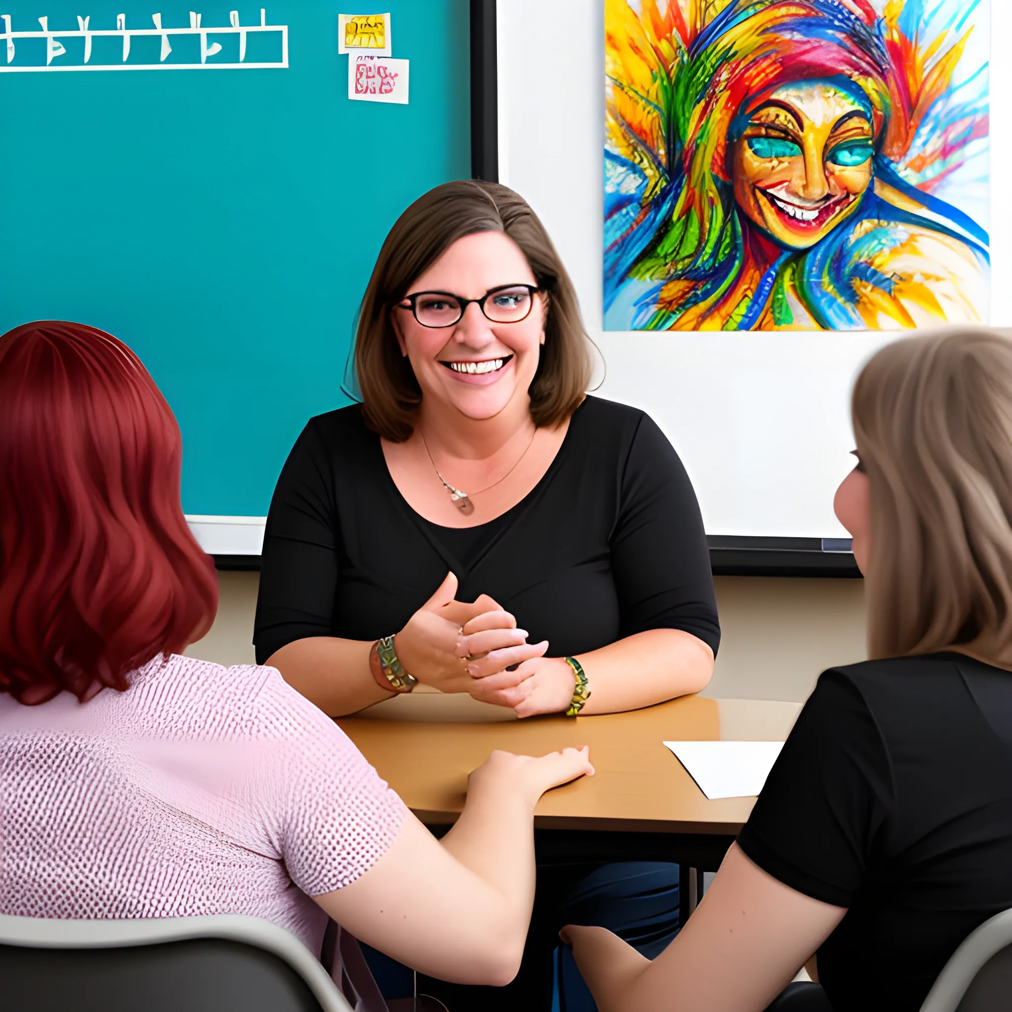 Smiling teacher interacting with students in a classroom setting, showcasing enthusiasm and engagement., art line