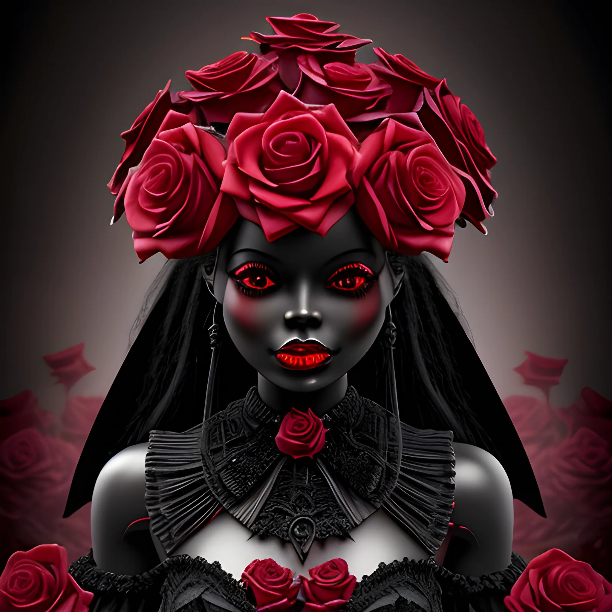 blood-thirsty red rose blooms ominously over black barbie , Detailed and Intricate, Fantasy, Realistic, Surrealist, Dramatic, Beautiful Lighting, Evil, Fear, Horrifying