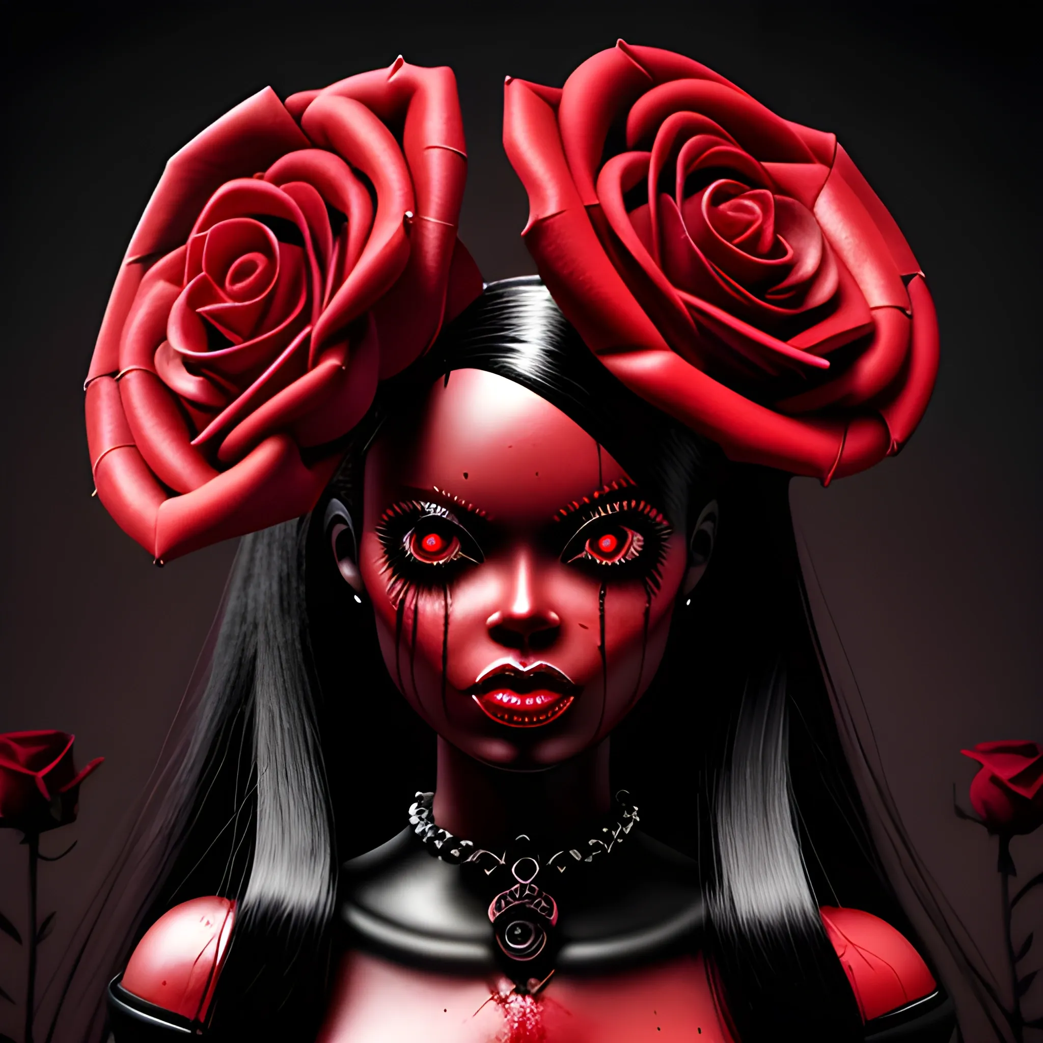 blood-thirsty red rose blooms ominously over black barbie , Detailed and Intricate, Fantasy, Realistic, Surrealist, Dramatic, Beautiful Lighting, Evil, Fear, Horrifying, Cartoon