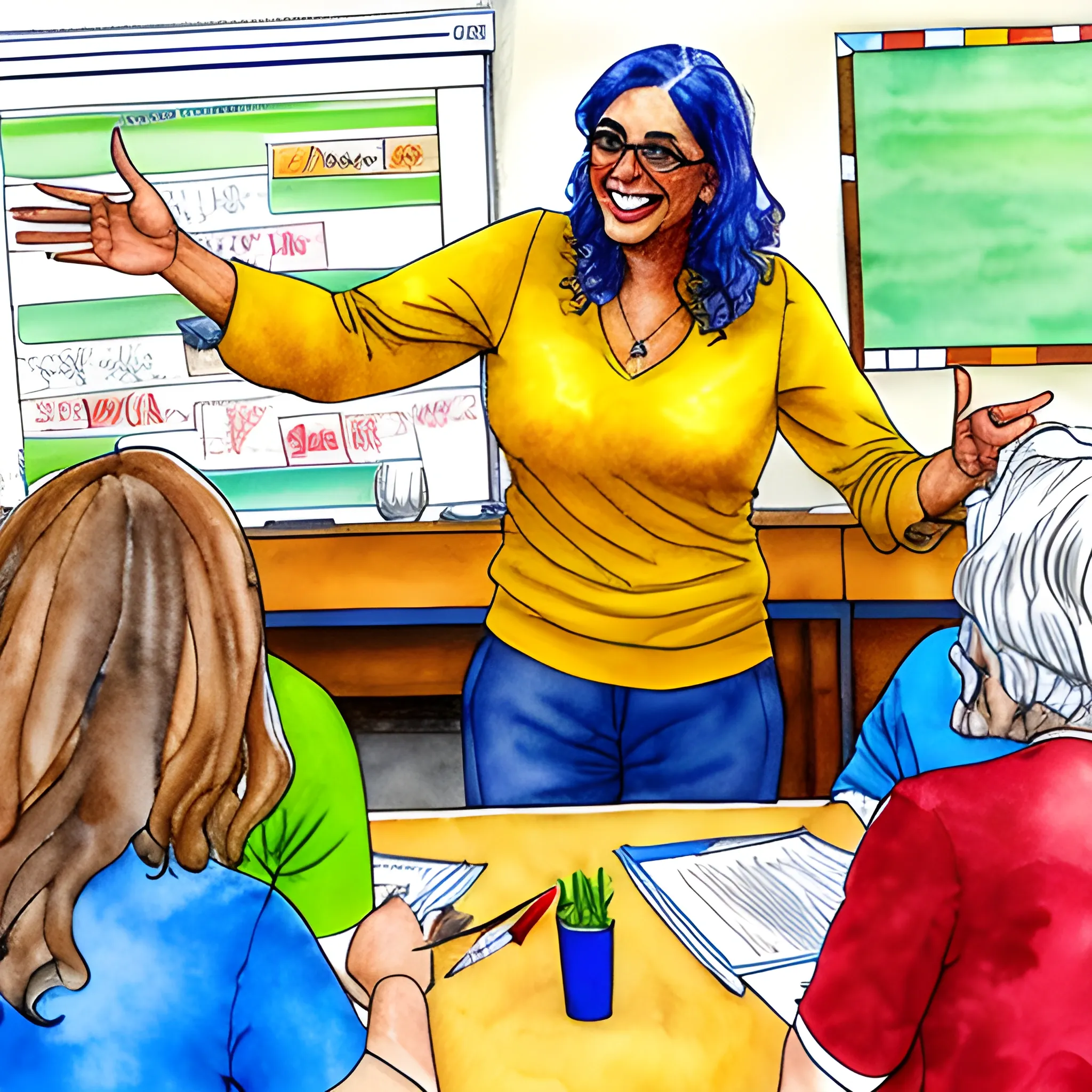 Smiling teacher interacting with students in a classroom setting, showcasing enthusiasm and engagement., water color, 9:16