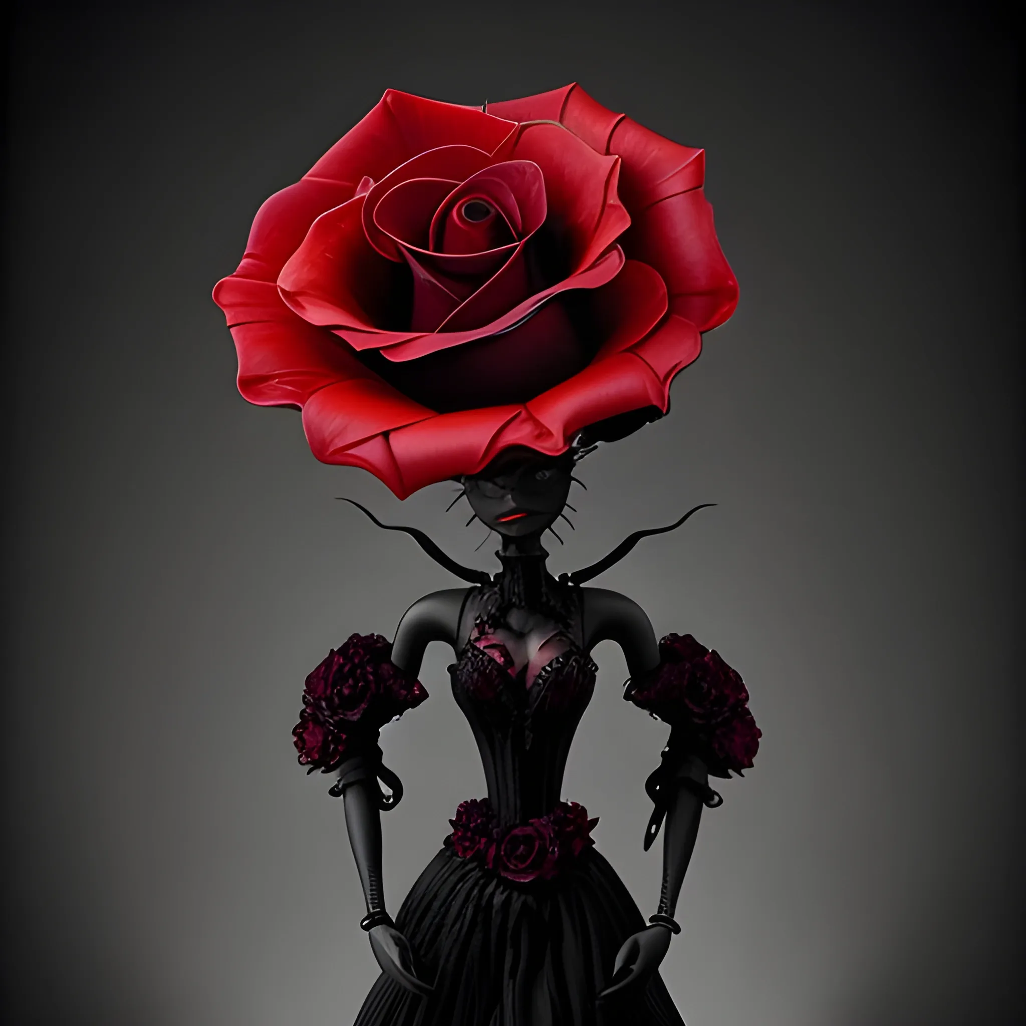 blood-thirsty red rose blooms ominously over black barbie , Detailed and Intricate, Fantasy, Realistic, Surrealist, Dramatic, Beautiful Lighting, Evil, Fear, Horrifying, Cartoon