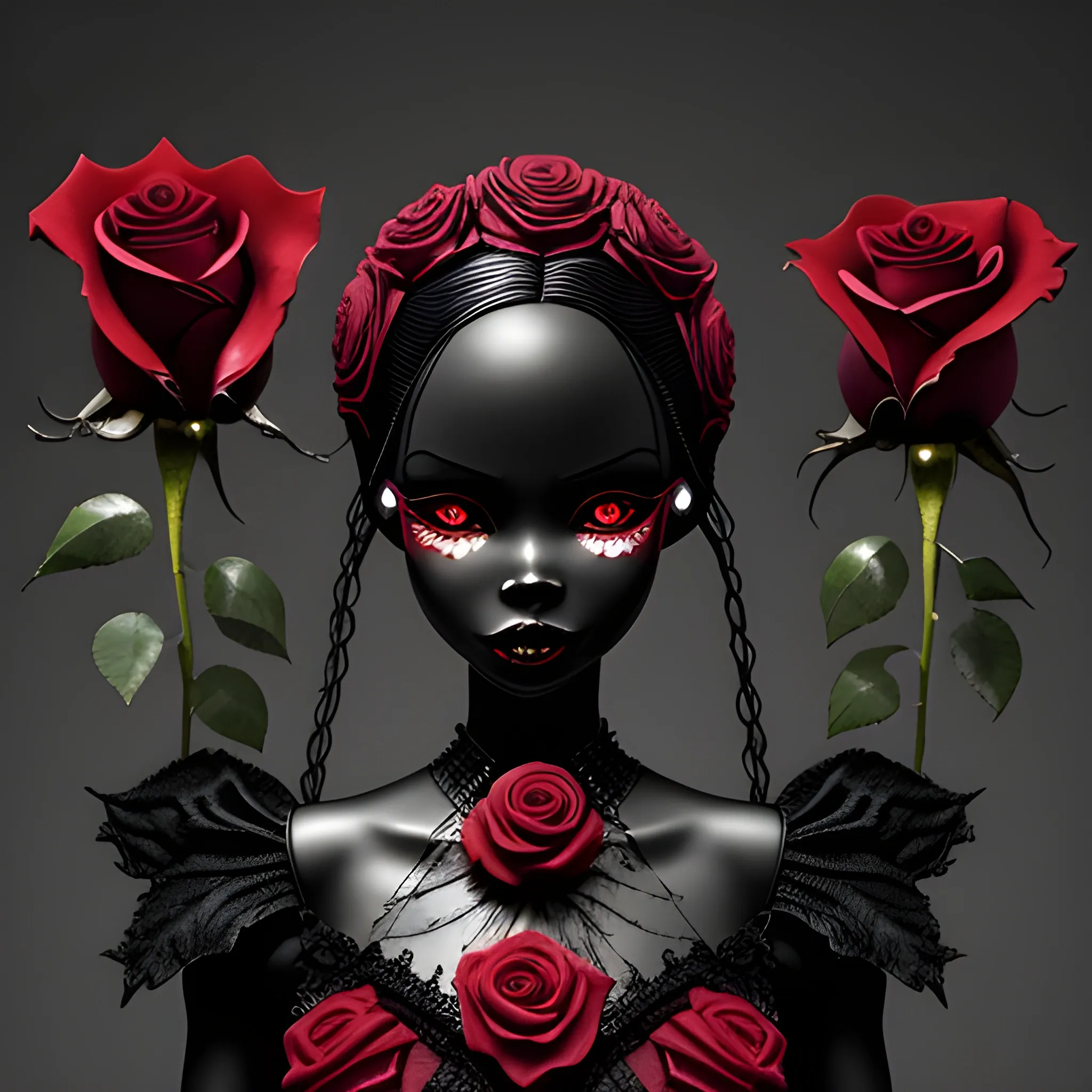 blood-thirsty red rose blooms ominously over black barbie , Detailed and Intricate, Fantasy, Realistic, Surrealist, Dramatic, Beautiful Lighting, Evil, Fear, Horrifying, Cartoon