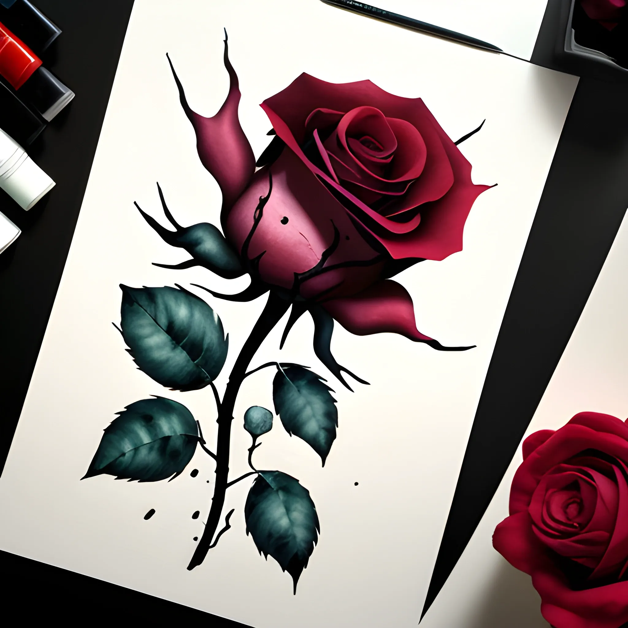blood-thirsty red rose blooms ominously over black barbie , Detailed and Intricate,, Water Color, Cartoon