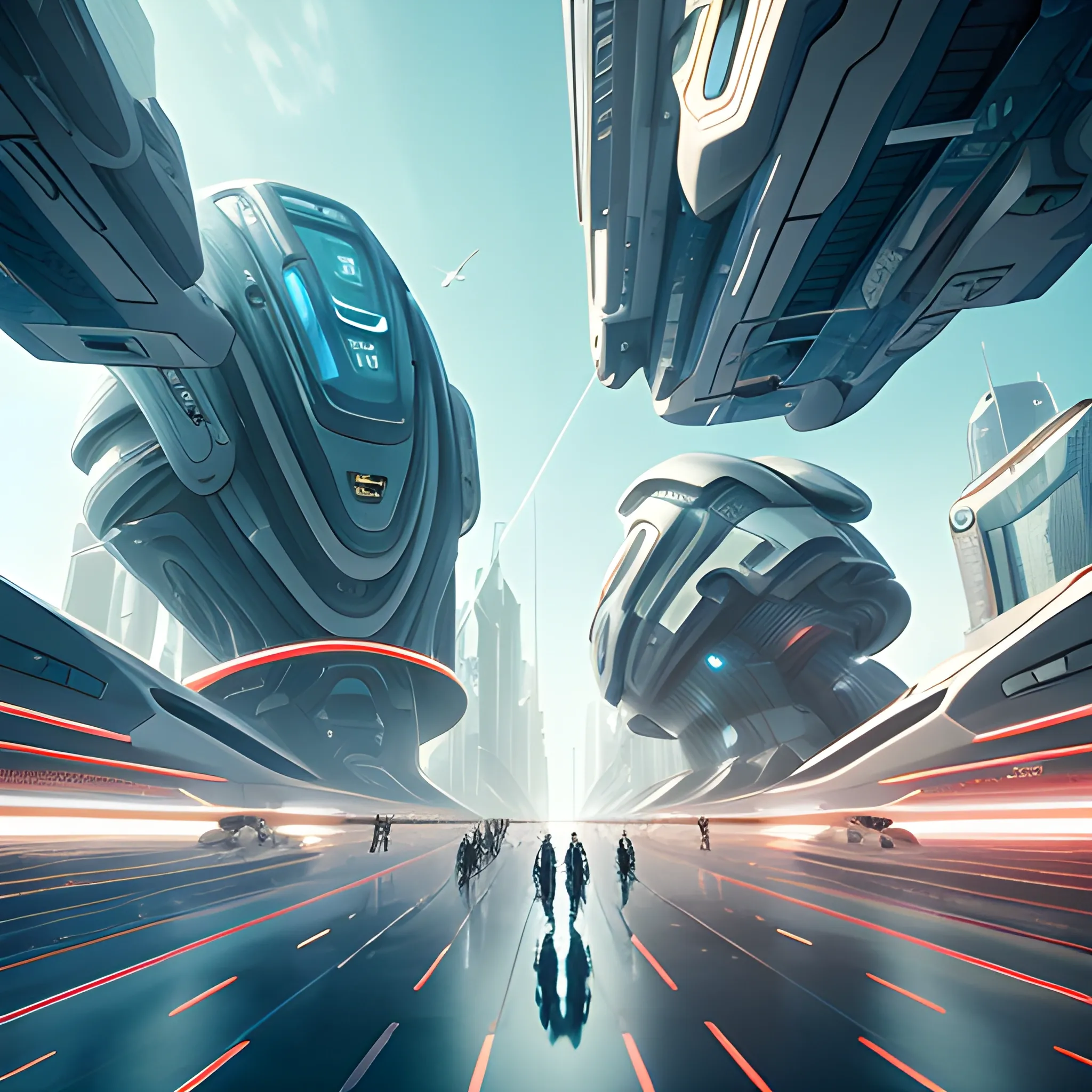A futuristic cityscape in the year 3,000, with a diverse crowd of people and robots walking in front of a camera, to see their bodies and faces. The people are dressed in stylish high-tech attire, while the robots are of advanced humanoid design. The background shows imposing ultra-modern buildings with elegant curved designs and vibrant color schemes. Flying cars streak across the sky, adding dynamism to the scene. 3d render, cinematic., 3D