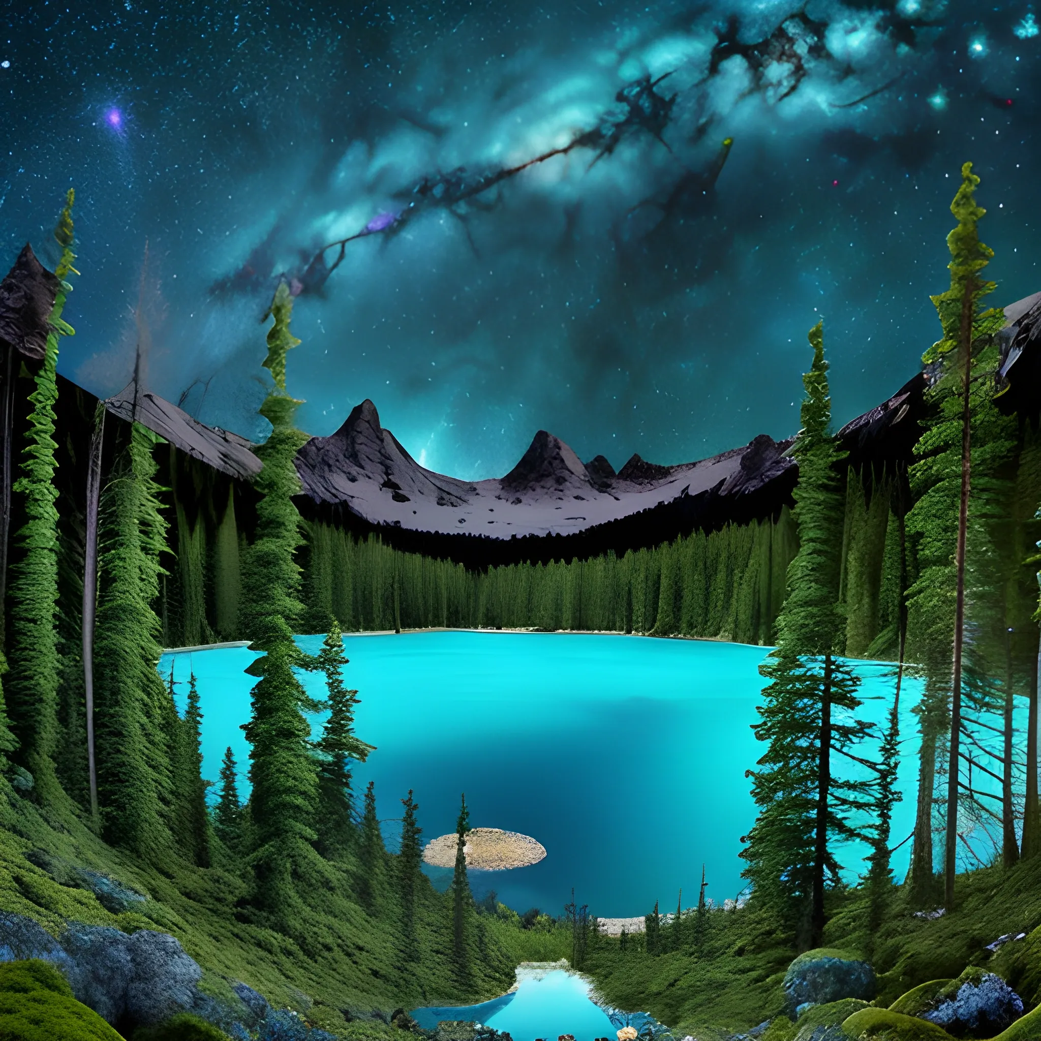turquoise lake surrounded by trees covered with millennial moss, starry sky with galaxies and spaceships crossing space in the background