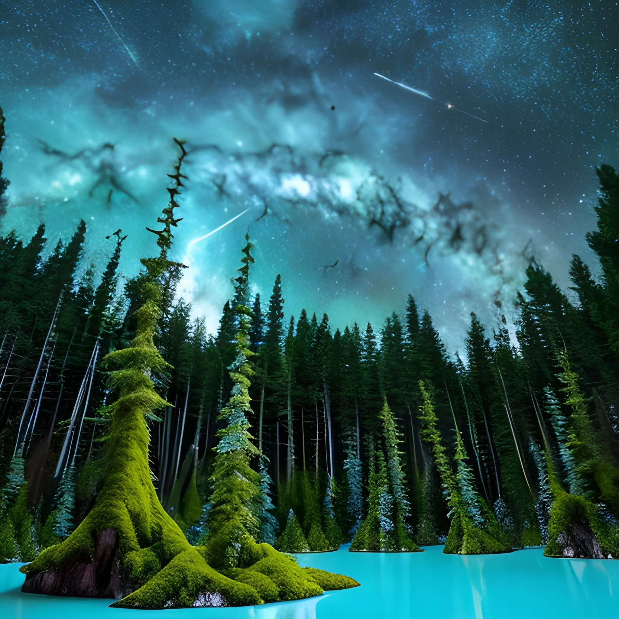 turquoise lake surrounded by trees covered with millennial moss, starry sky with galaxies and spaceships crossing space in the background, Trippy