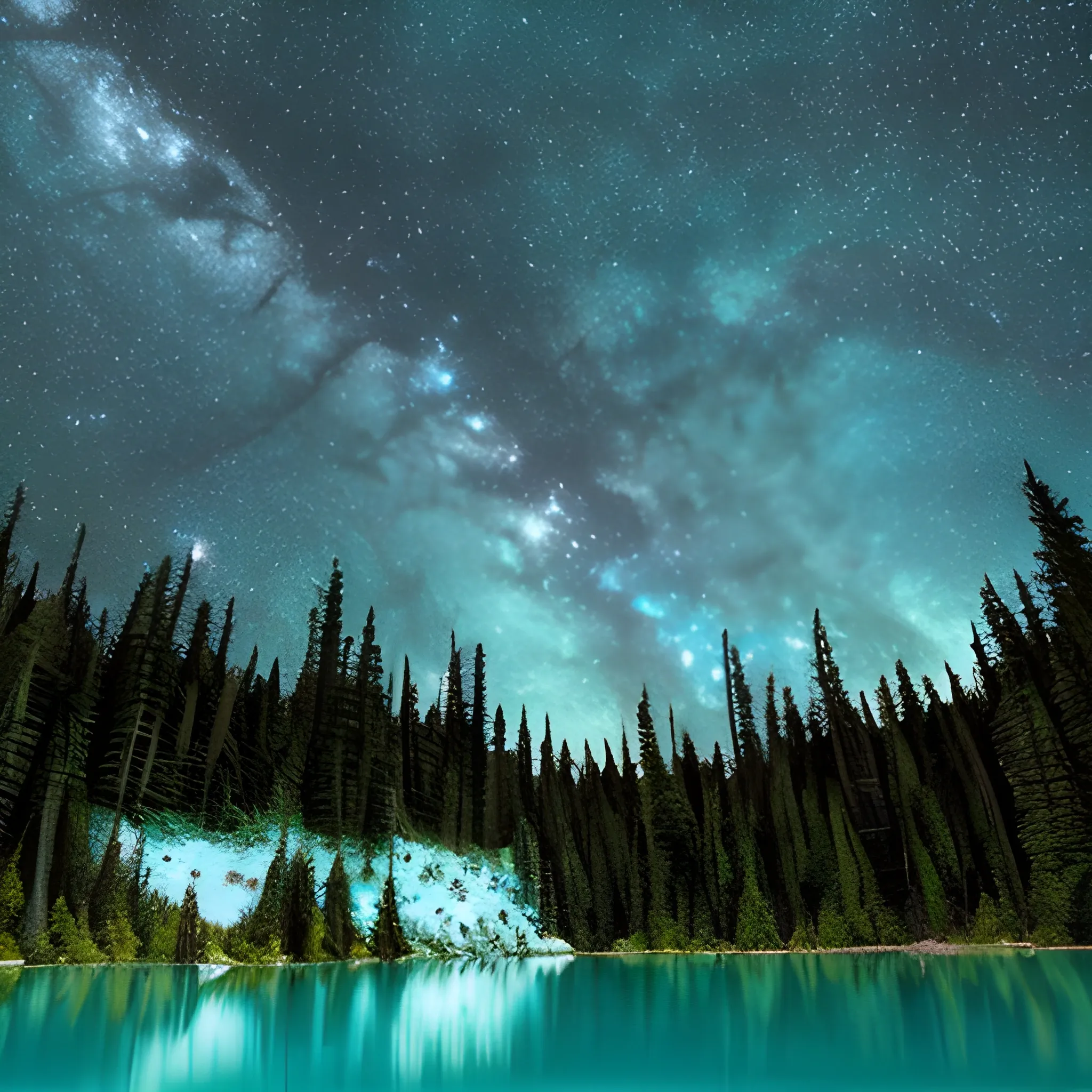 turquoise lake surrounded by trees covered with millennial moss starry sky with galaxies and spaceships crossing space in the background,