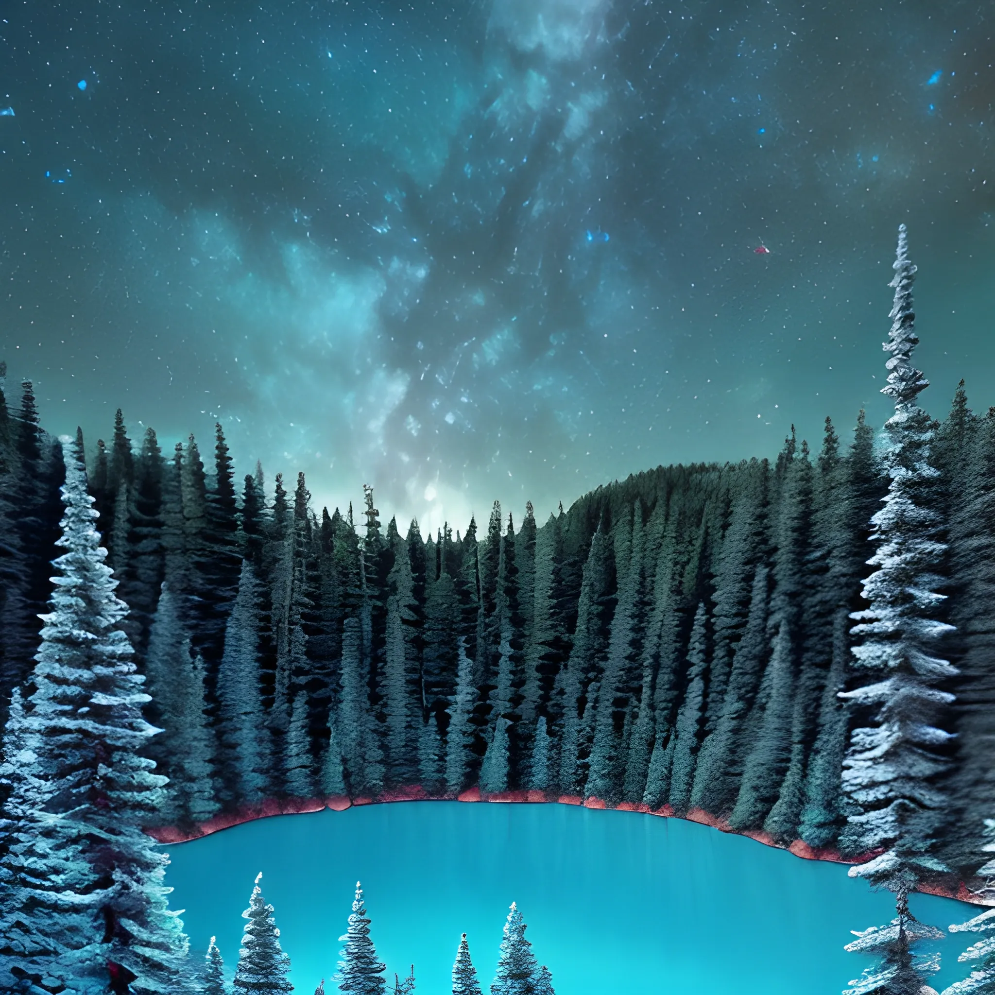 turquoise lake surrounded by trees covered with millennial moss starry sky with galaxies and spaceships crossing space in the background,, 3D