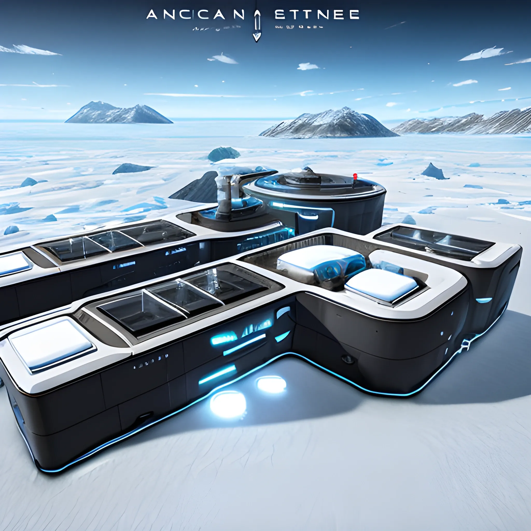 anno 2205 style, arctica, snow, icebergs, sunny, top-down view, futuristic building factory boiler made of metal black structures on snow, people, snow track, futuristic, beautiful, Realistic proportions






