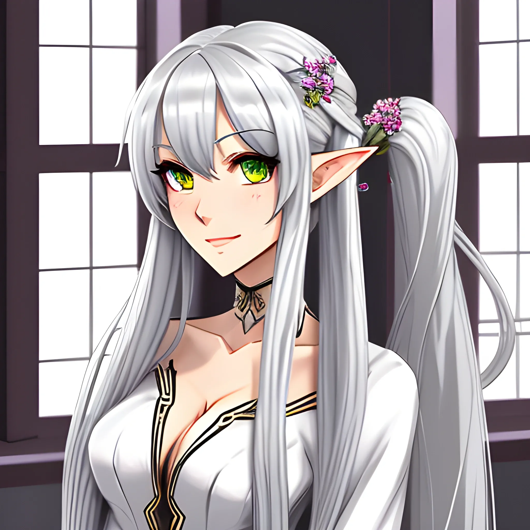 1girl, solo, long hair, looking at viewer, hair ornament, twintails, jewelry, upper body, flower, white hair, pointy ears, artist name, indoors, hair flower, grey eyes, window, ring, elf, head rest, robe, Cartoon