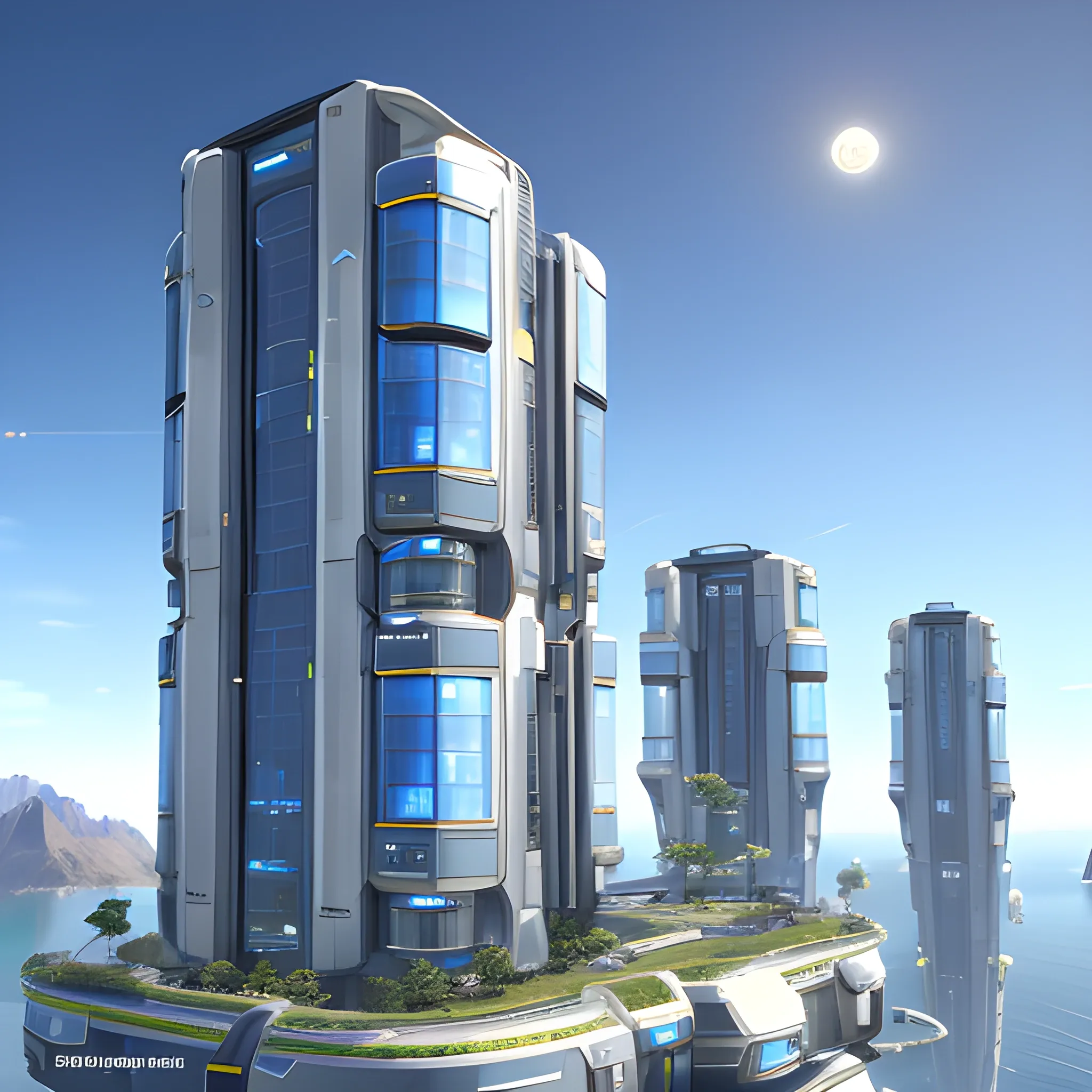 anno 2205 style, temperate, sunny, clear sky, top-down view, easy futuristic 
a large house, a skyscraper in which people live straight vertical lines, reflective windows made of metal black structures, people, futuristic, beautiful, Realistic proportions, rim light


