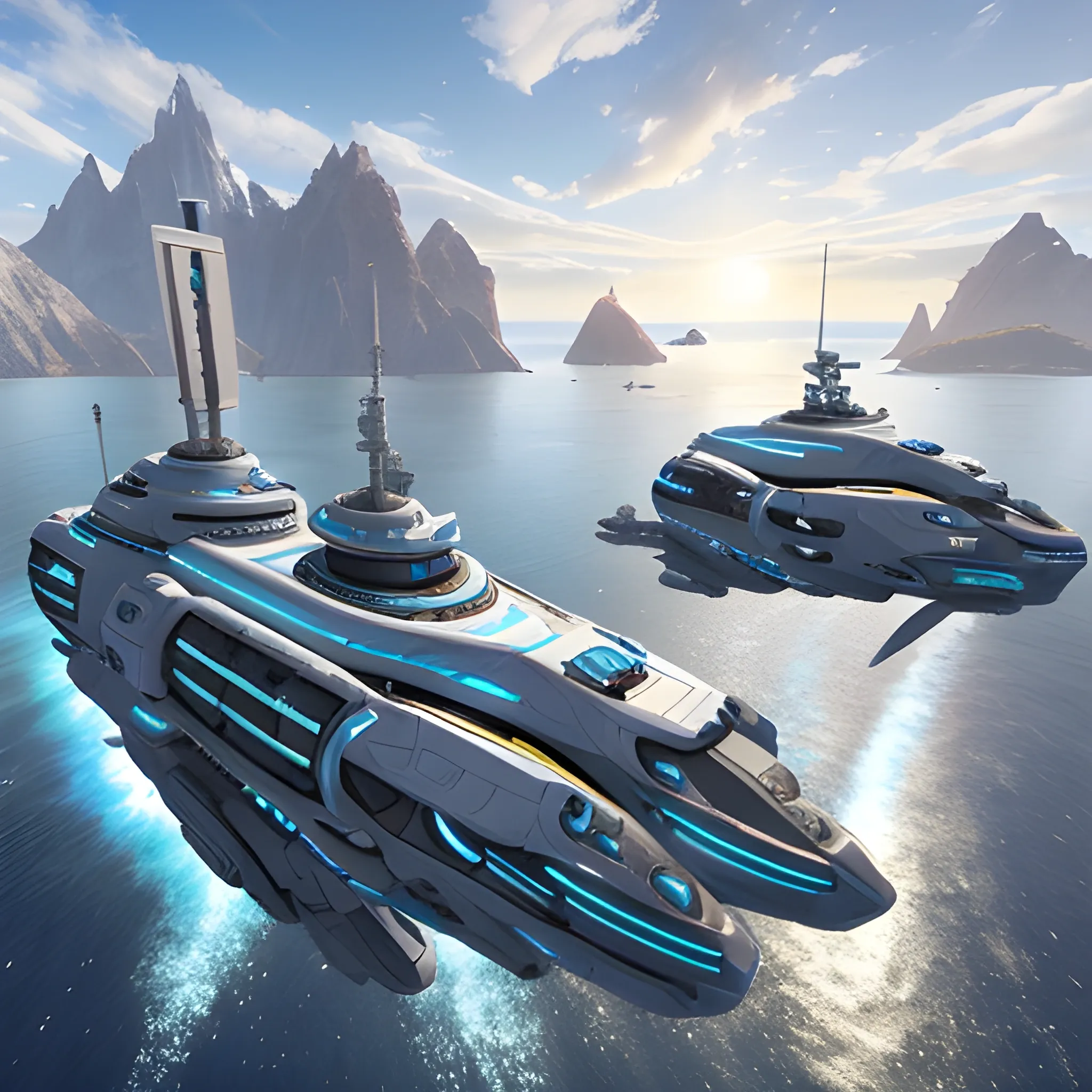 anno 2205 style, temperate, sunny, clear sky, top-down view, easy futuristic, battle sea ship, sea ship with weapons, weapons, seiling, made of metal black structures, people, futuristic, beautiful, Realistic proportions, rim light


