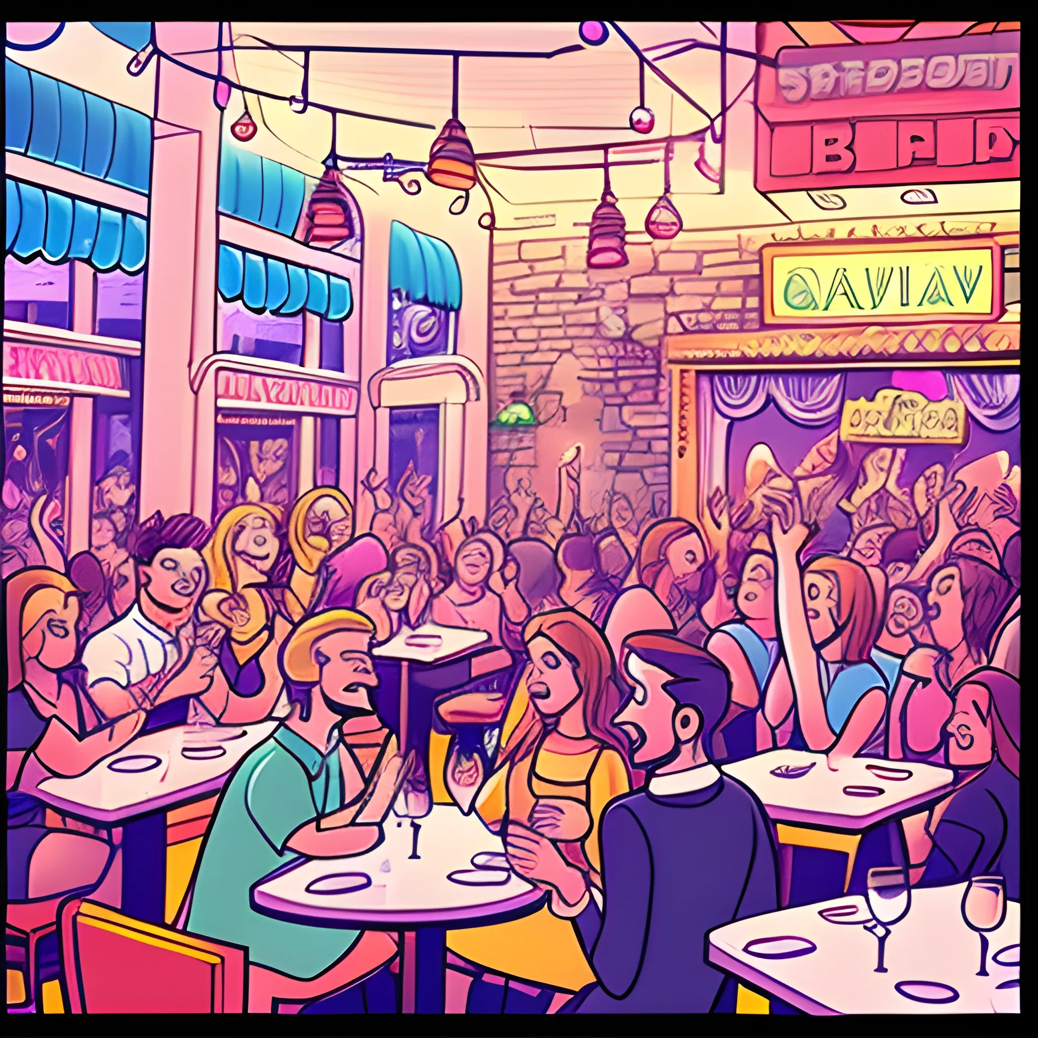 restaurant with a fun atmosphere, party, crowd, drinking, Cartoon