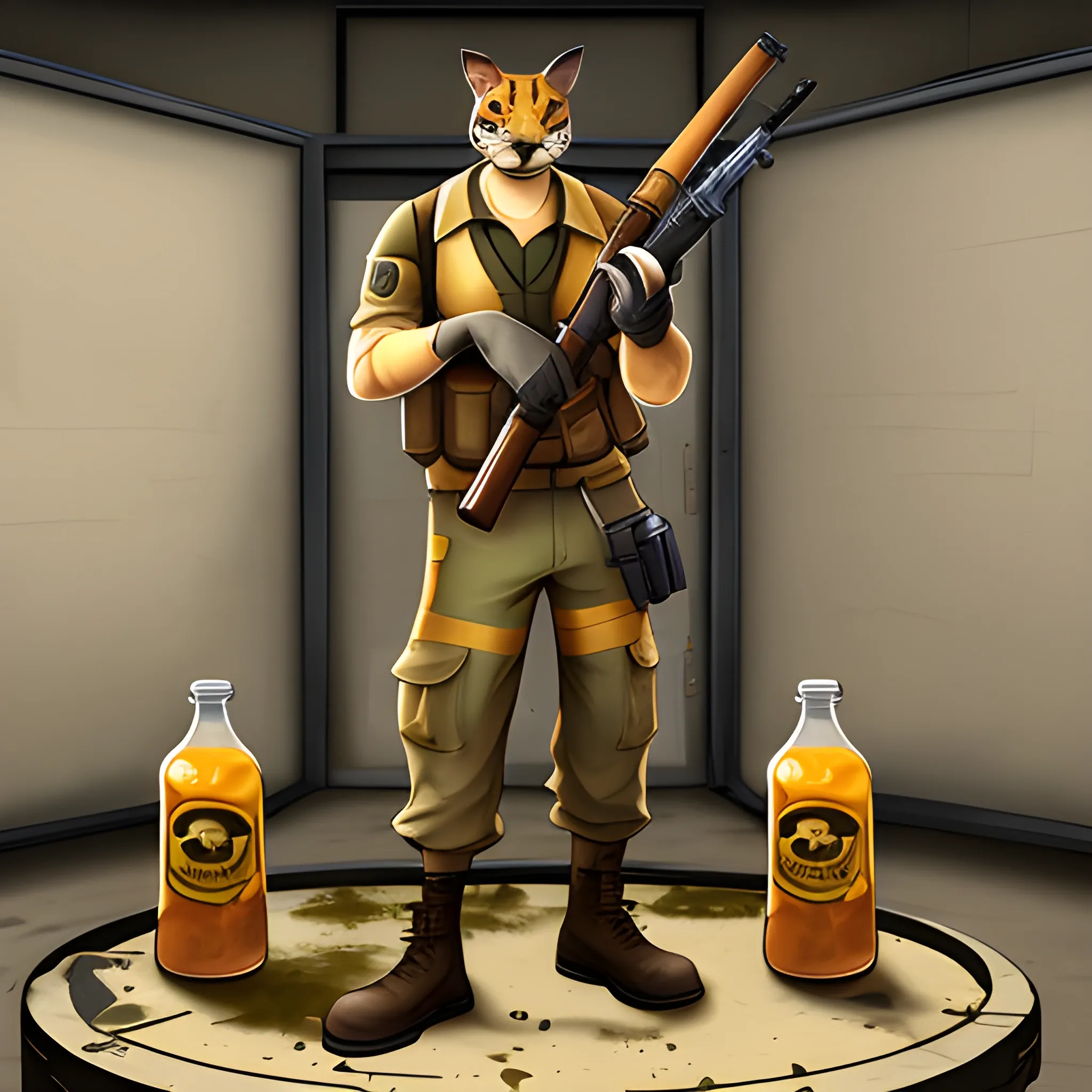 Sniper from the hit game, Team Fortress 2 with a serval jars of urine surround him