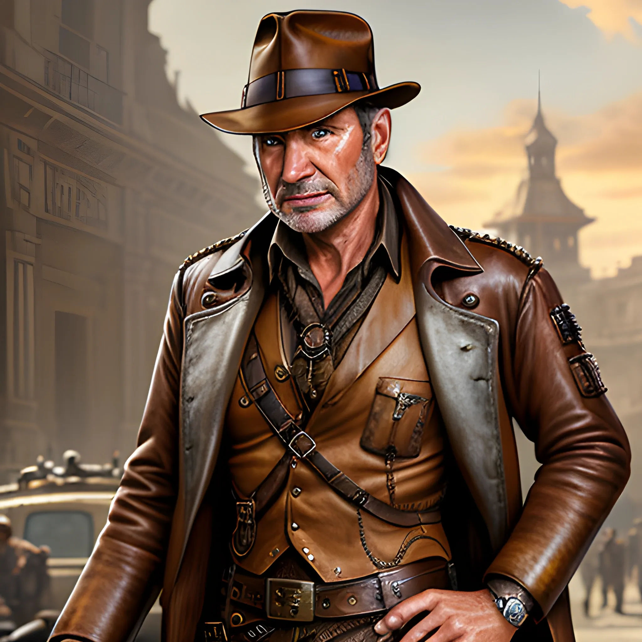 best quality, SFW, masterpiece, Indiana Jones, wearing a Fedora, detailed brown eyes, pretty old man, brilliant teeth, ultra high res, small ass, photorealistic, detailed skin steampunk, (beige or khaki-colored trousers made from sturdy and durable fabric:5), (steampunk pilot jacket:5), leather whip