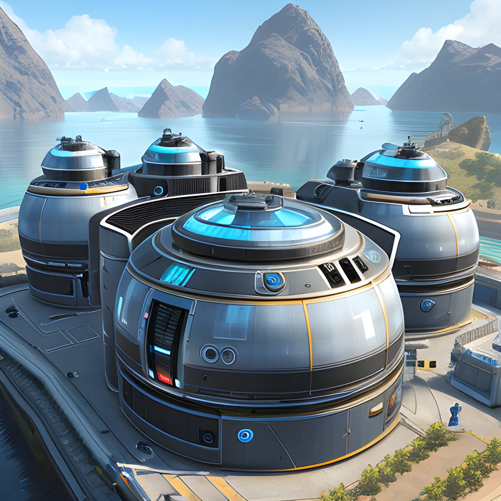 anno 2205 style, temperate, sunny, clear sky, top-down view, futuristic building factory boiler made of metal black structures, people, futuristic, beautiful, Realistic proportions, rim light




