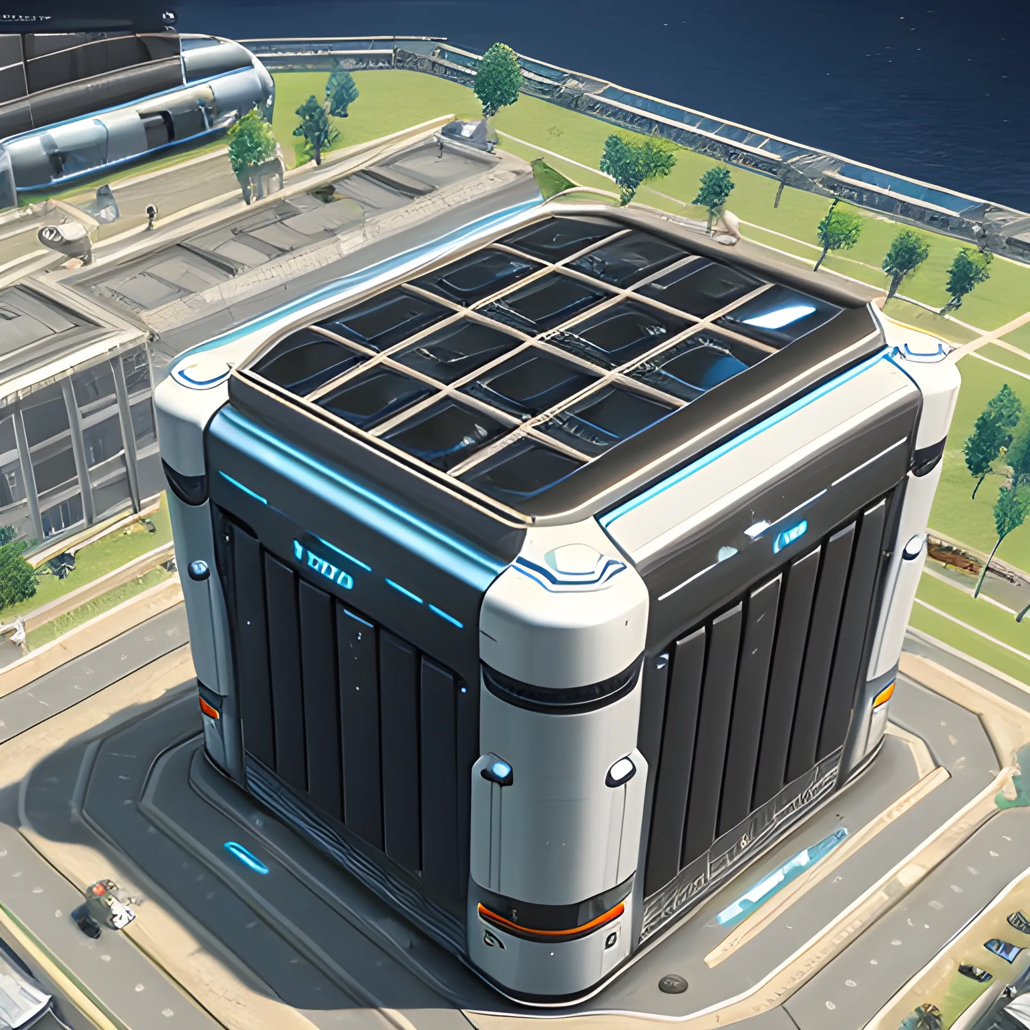 anno 2205 style, temperate, sunny, clear sky, top-down view, futuristic building factory boiler made of metal black structures, people, futuristic, beautiful, Realistic proportions, rim light




