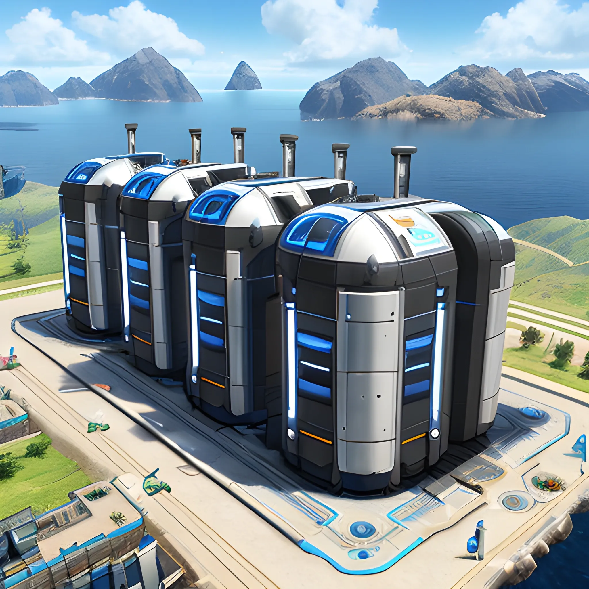 anno 2205 style, temperate, sunny, clear sky, top-down view, futuristic building factory boiler made of metal black structures, people, futuristic, beautiful, Realistic proportions, rim light




