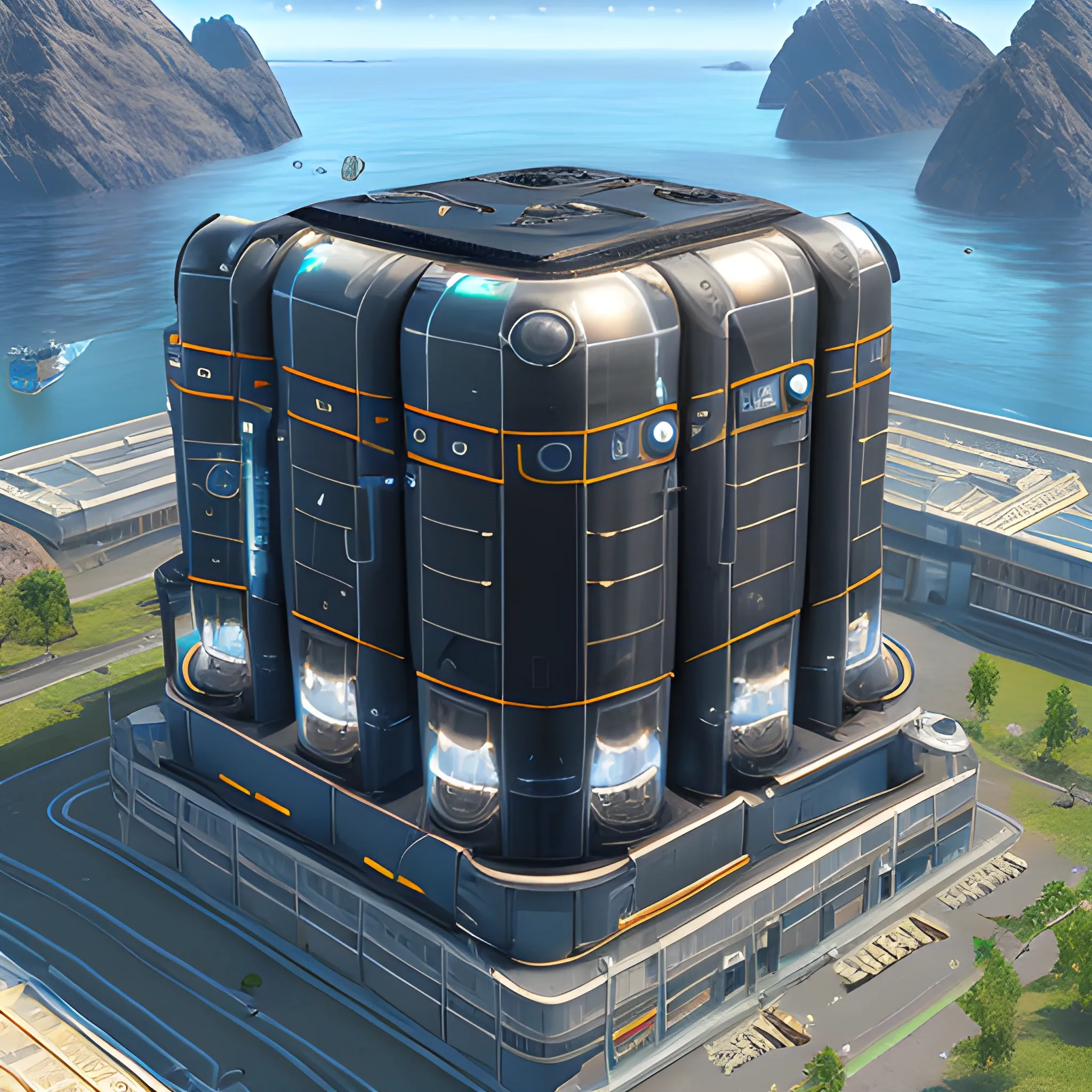 anno 2205 style, temperate, sunny, clear sky, top-down view, futuristic building factory boiler made of metal black structures, people, futuristic, beautiful, Realistic proportions, rim light




