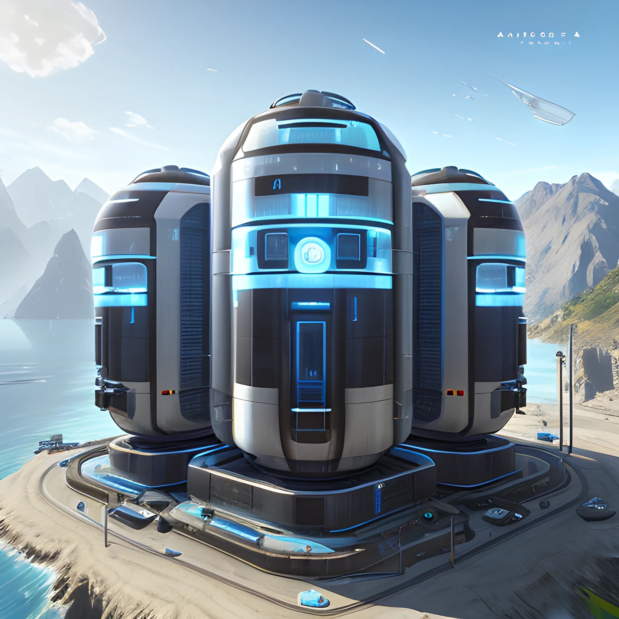 anno 2205 style, temperate, sunny, clear sky, top-down view, futuristic building boiler made of metal black structures, people, futuristic, beautiful, Realistic proportions, rim light




