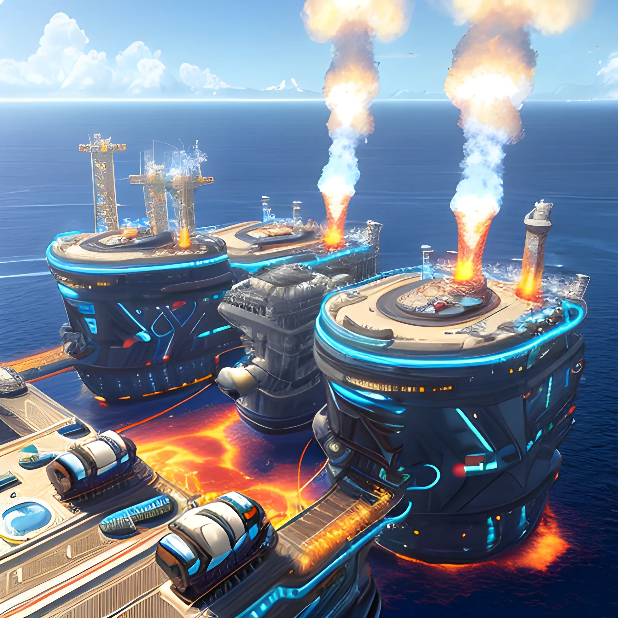 anno 2205 style, temperate, sunny, clear sky, top-down view, futuristic offshore oil production platform, fire coming from the pipe made of metal black structures, complex, people, futuristic, beautiful, Realistic proportions, rim light




