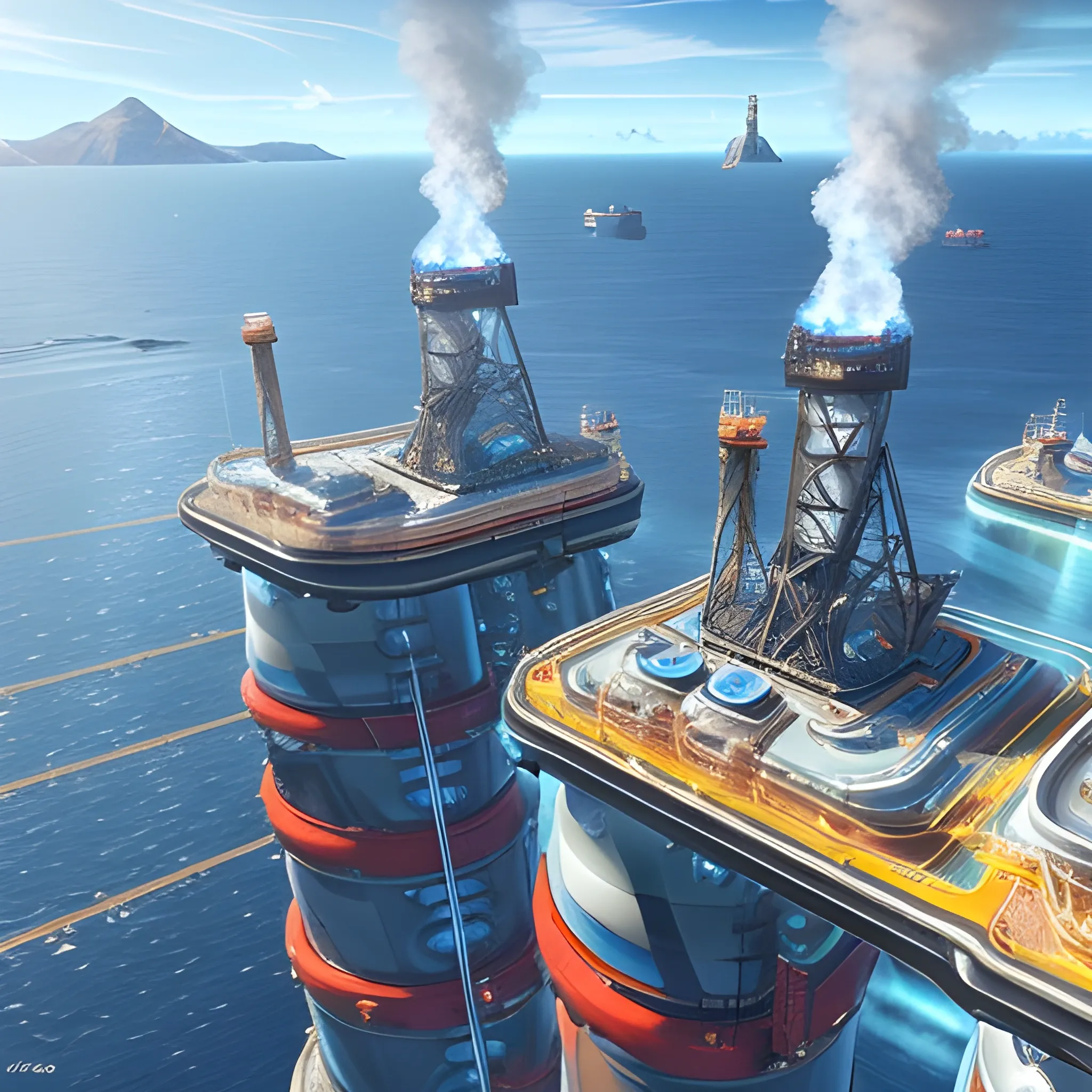 anno 2205 style, temperate, sunny, clear sky, top-down view, futuristic offshore oil production platform, fire coming from the pipe made of metal black structures, complex, people, futuristic, beautiful, Realistic proportions, rim light




