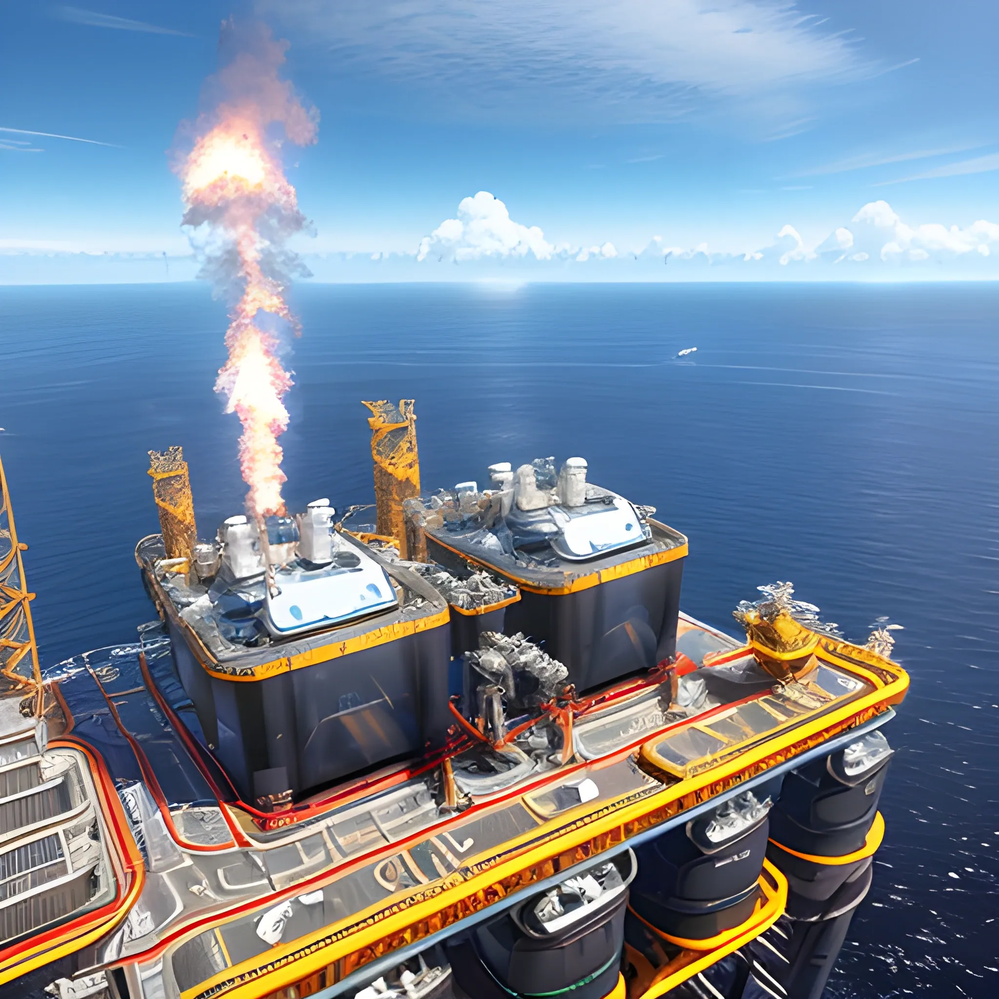 anno 2205 style, temperate, sunny, clear sky, top-down view, futuristic offshore oil production platform, fire coming from the pipe made of metal black structures, complex, people, futuristic, beautiful, Realistic proportions, rim light




