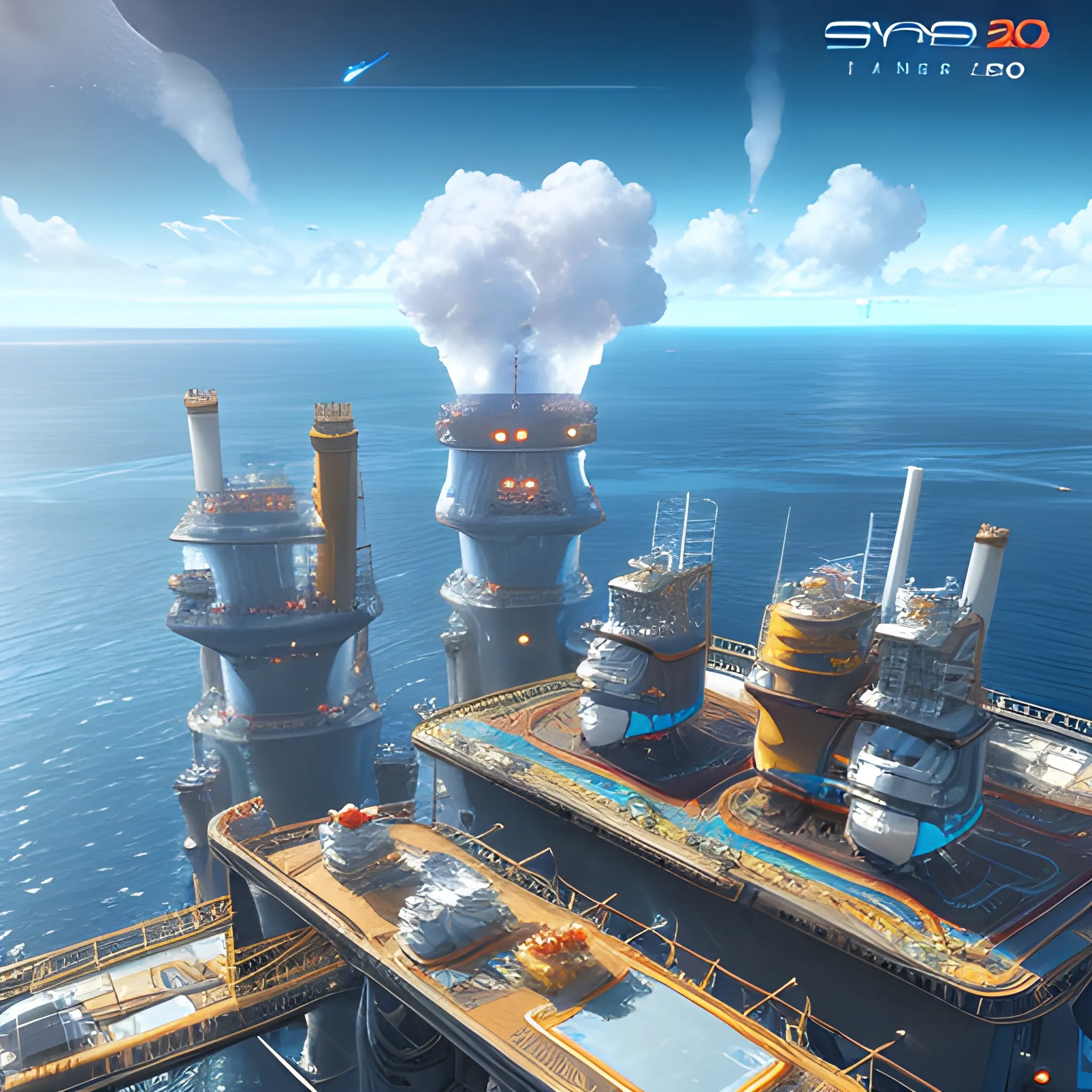 anno 2205 style, temperate, sunny, clear sky, top-down view, futuristic offshore oil production platform, fire coming from the pipe made of metal black structures, complex, people, futuristic, beautiful, Realistic proportions, rim light




